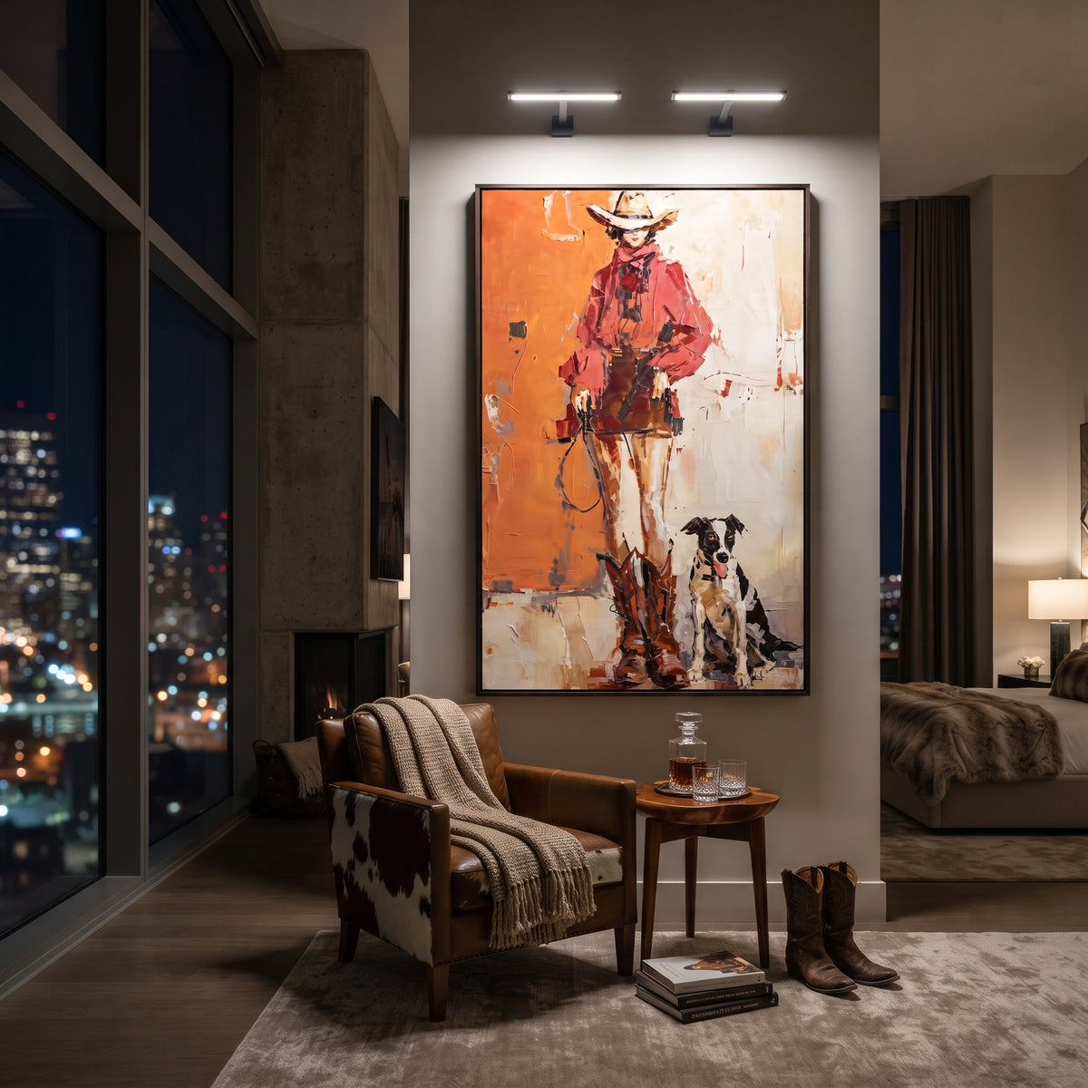 Cowboy With Border Collie focuses on this hand-painted textured canvas features western cowboy in red beside boots and a black white dog on a warm orange wall. The composition is described from the actual main image, so the visible subject, color balance, spacing, and surface movement stay specific to this product instead of reading like a batch title. Raised palette-knife layers, sculpted impasto ridges, softened brush transitions, and tactile handmade texture give the canvas dimensional depth