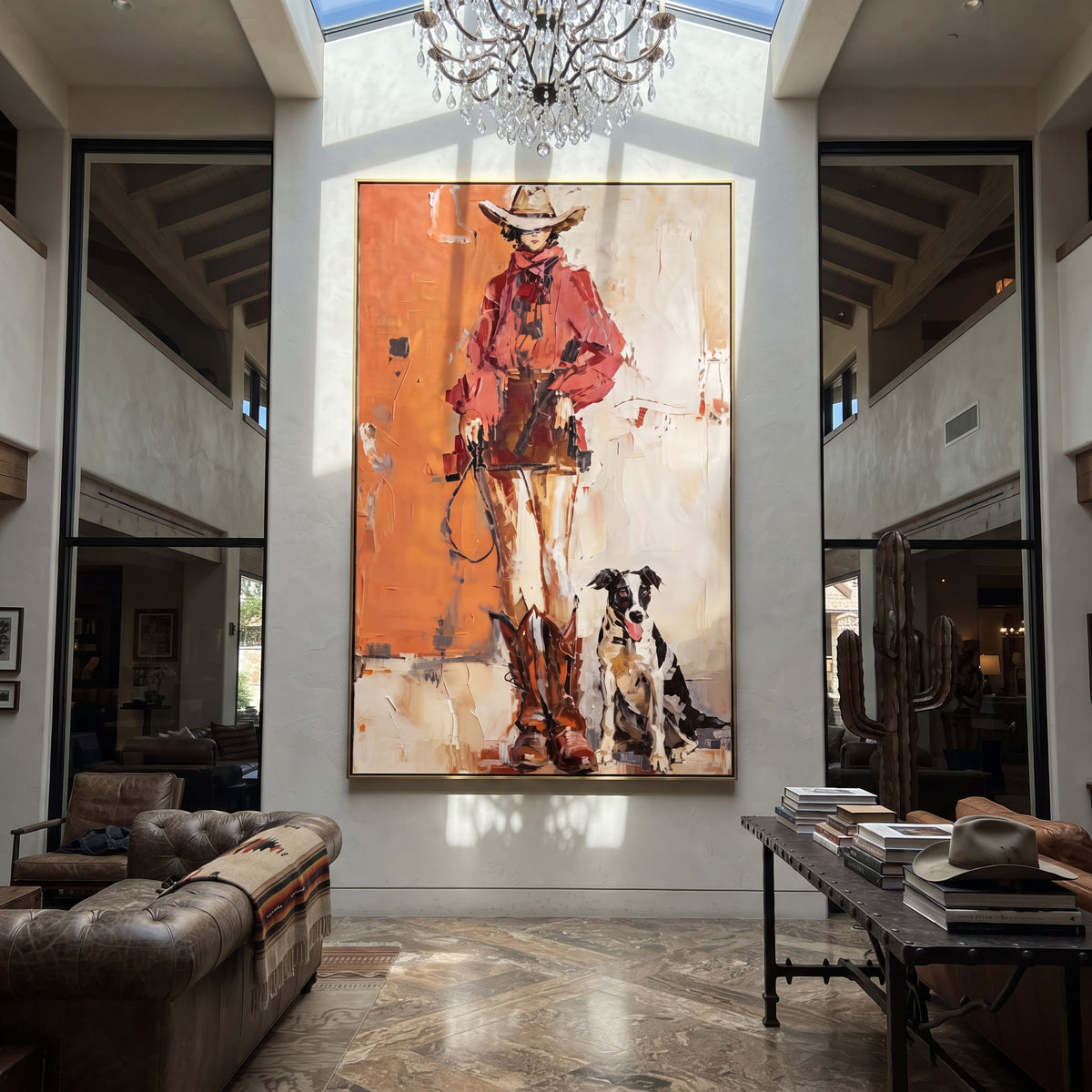 Cowboy With Border Collie focuses on this hand-painted textured canvas features western cowboy in red beside boots and a black white dog on a warm orange wall. The composition is described from the actual main image, so the visible subject, color balance, spacing, and surface movement stay specific to this product instead of reading like a batch title. Raised palette-knife layers, sculpted impasto ridges, softened brush transitions, and tactile handmade texture give the canvas dimensional depth