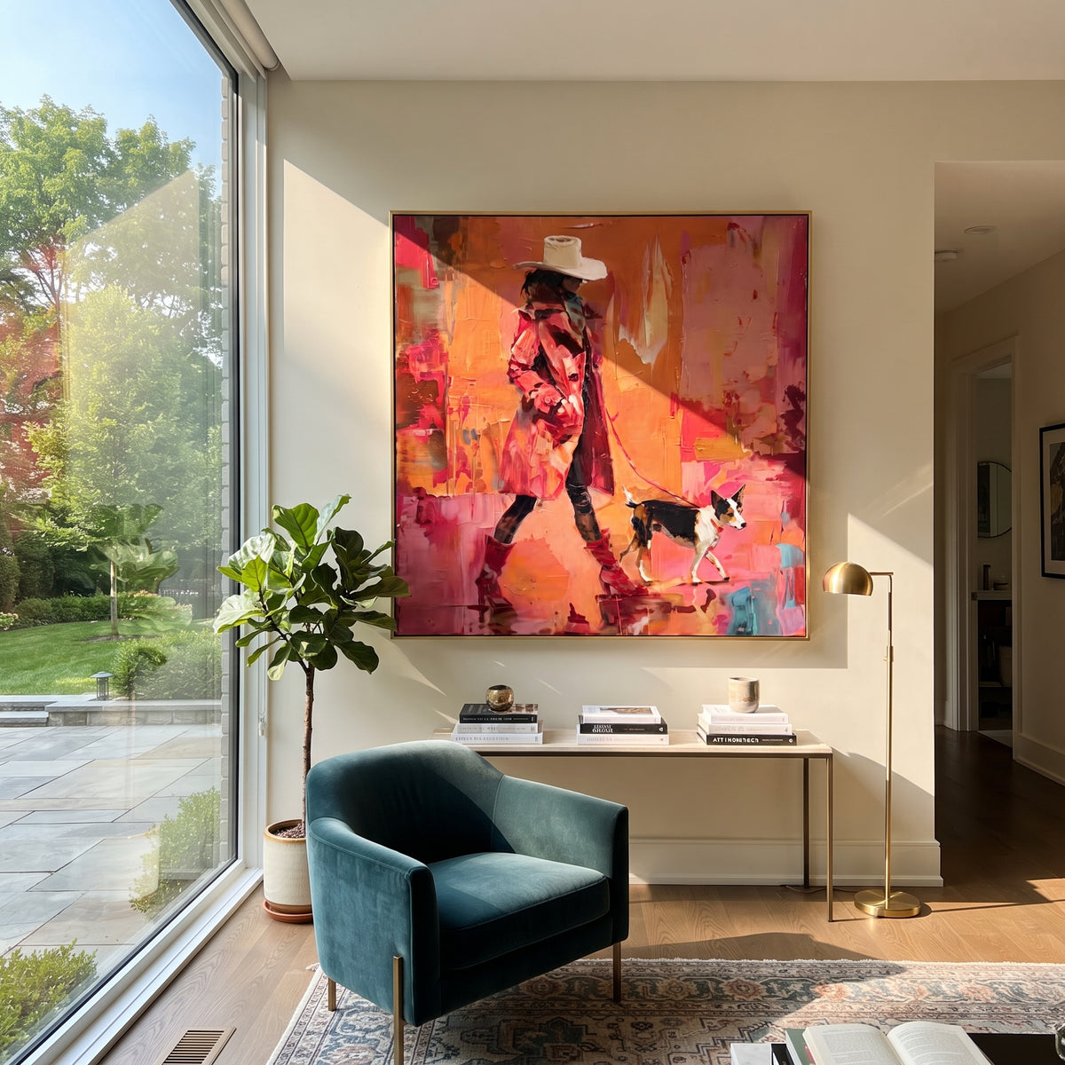 Pink Coat Woman Walking Dog focuses on this hand-painted textured canvas features woman in a pink coat walking a black and white dog through a vivid orange and magenta scene. The composition is described from the actual main image, so the visible subject, color balance, spacing, and surface movement stay specific to this product instead of reading like a batch title. Raised palette-knife layers, sculpted impasto ridges, softened brush transitions, and tactile handmade texture give the canvas