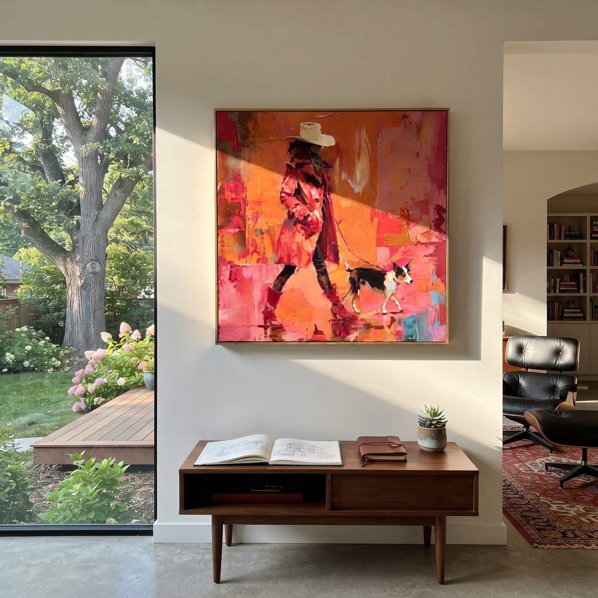 Pink Coat Woman Walking Dog focuses on this hand-painted textured canvas features woman in a pink coat walking a black and white dog through a vivid orange and magenta scene. The composition is described from the actual main image, so the visible subject, color balance, spacing, and surface movement stay specific to this product instead of reading like a batch title. Raised palette-knife layers, sculpted impasto ridges, softened brush transitions, and tactile handmade texture give the canvas