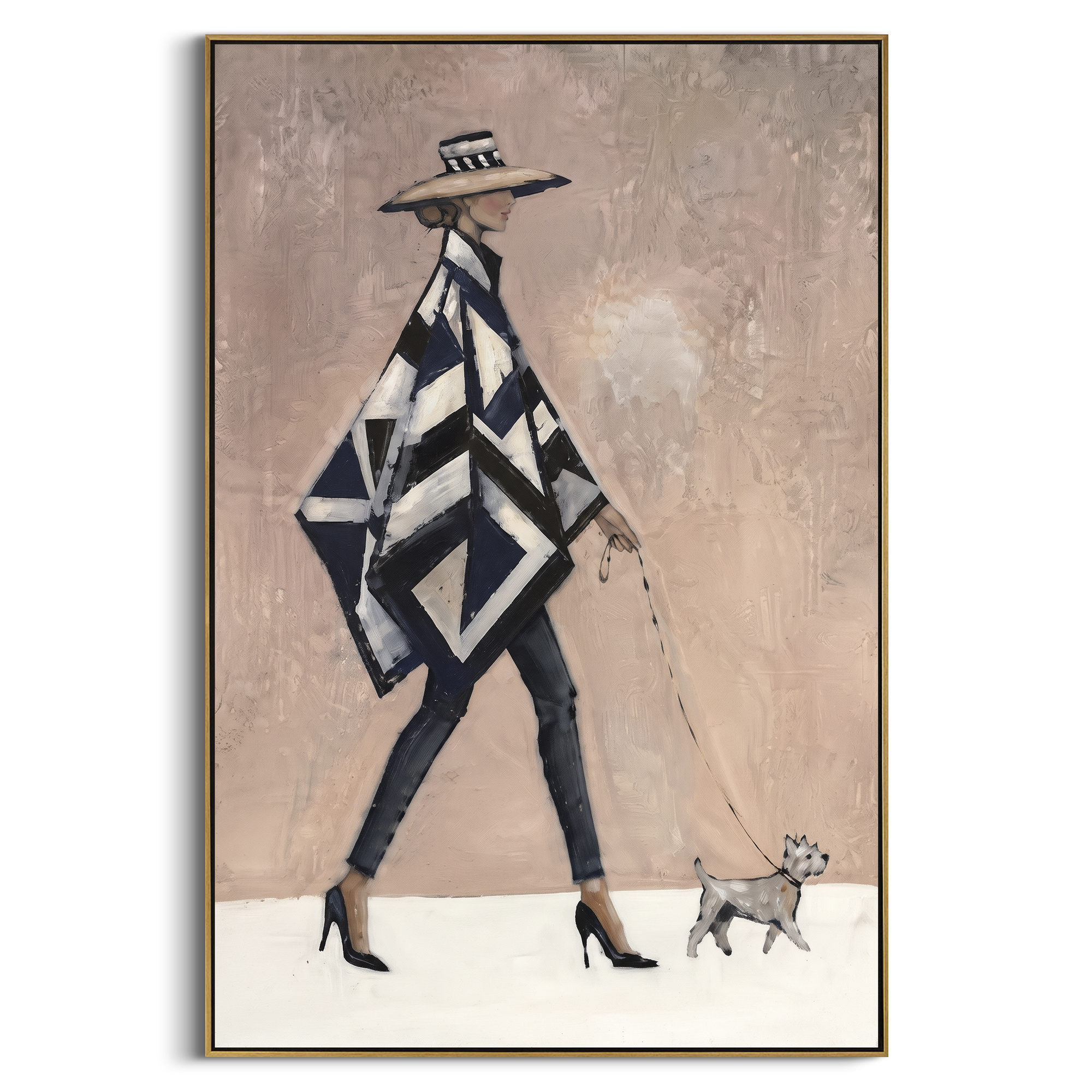 Geometric Cape Dog Walker focuses on this hand-painted textured canvas features fashion figure in a black and white geometric cape walking a tiny grey dog. The composition is described from the actual main image, so the visible subject, color balance, spacing, and surface movement stay specific to this product instead of reading like a batch title. Raised palette-knife layers, sculpted impasto ridges, softened brush transitions, and tactile handmade texture give the canvas dimensional depth