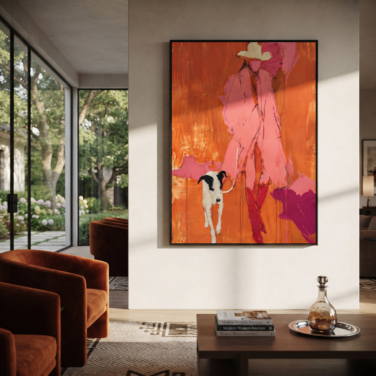 Pink Figure With White Dog focuses on this hand-painted textured canvas features bright pink figure and white dog standing against a red orange abstract background. The composition is described from the actual main image, so the visible subject, color balance, spacing, and surface movement stay specific to this product instead of reading like a batch title. Raised palette-knife layers, sculpted impasto ridges, softened brush transitions, and tactile handmade texture give the canvas dimensional