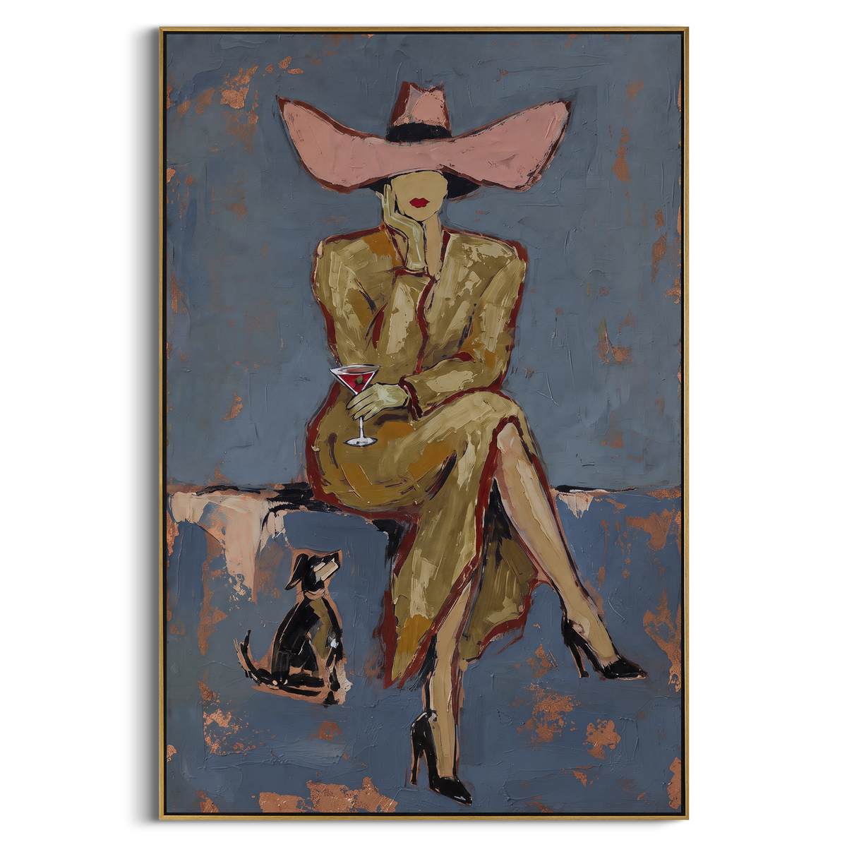 Wide Hat Woman With Small Dog focuses on this hand-painted textured canvas features seated wide hat woman in ochre beside a tiny dog on a blue textured background. The composition is described from the actual main image, so the visible subject, color balance, spacing, and surface movement stay specific to this product instead of reading like a batch title. Raised palette-knife layers, sculpted impasto ridges, softened brush transitions, and tactile handmade texture give the canvas dimensional