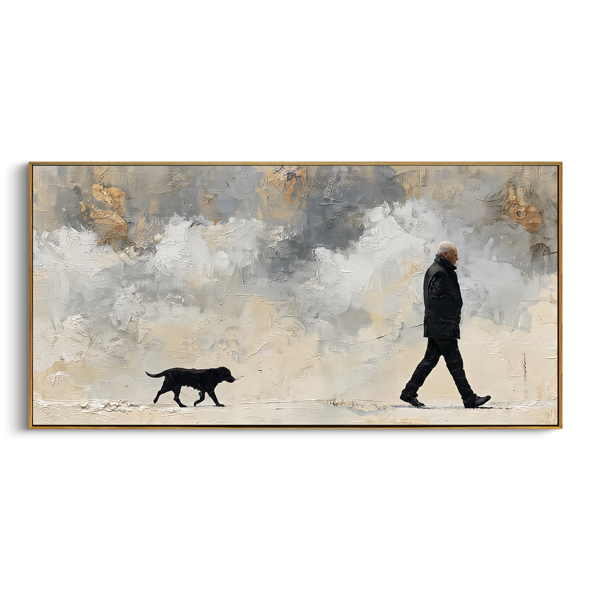 Grey Sky Man Walking Black Dog focuses on this hand-painted textured canvas features lone dark figure walking a black dog across a wide cloudy grey and cream landscape. The composition is described from the actual main image, so the visible subject, color balance, spacing, and surface movement stay specific to this product instead of reading like a batch title. Raised palette-knife layers, sculpted impasto ridges, softened brush transitions, and tactile handmade texture give the canvas