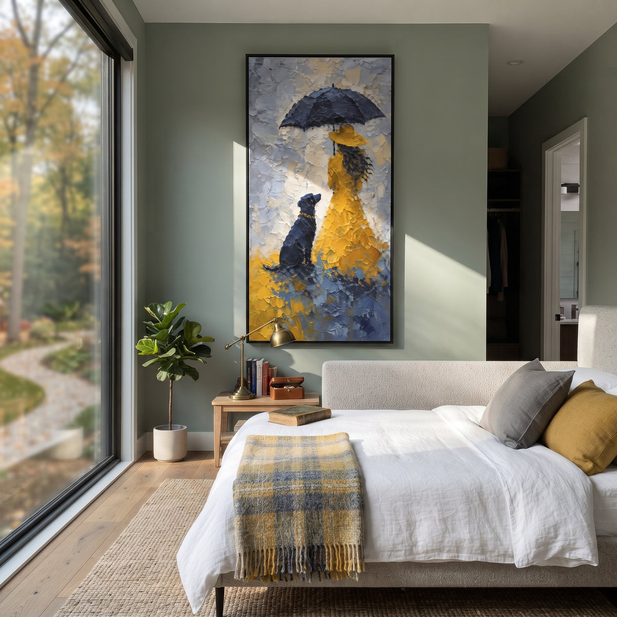 Yellow Raincoat Girl With Dog focuses on this hand-painted textured canvas features girl in yellow raincoat holding a black umbrella beside a seated dark dog in blue rain. The composition is described from the actual main image, so the visible subject, color balance, spacing, and surface movement stay specific to this product instead of reading like a batch title. Raised palette-knife layers, sculpted impasto ridges, softened brush transitions, and tactile handmade texture give the canvas