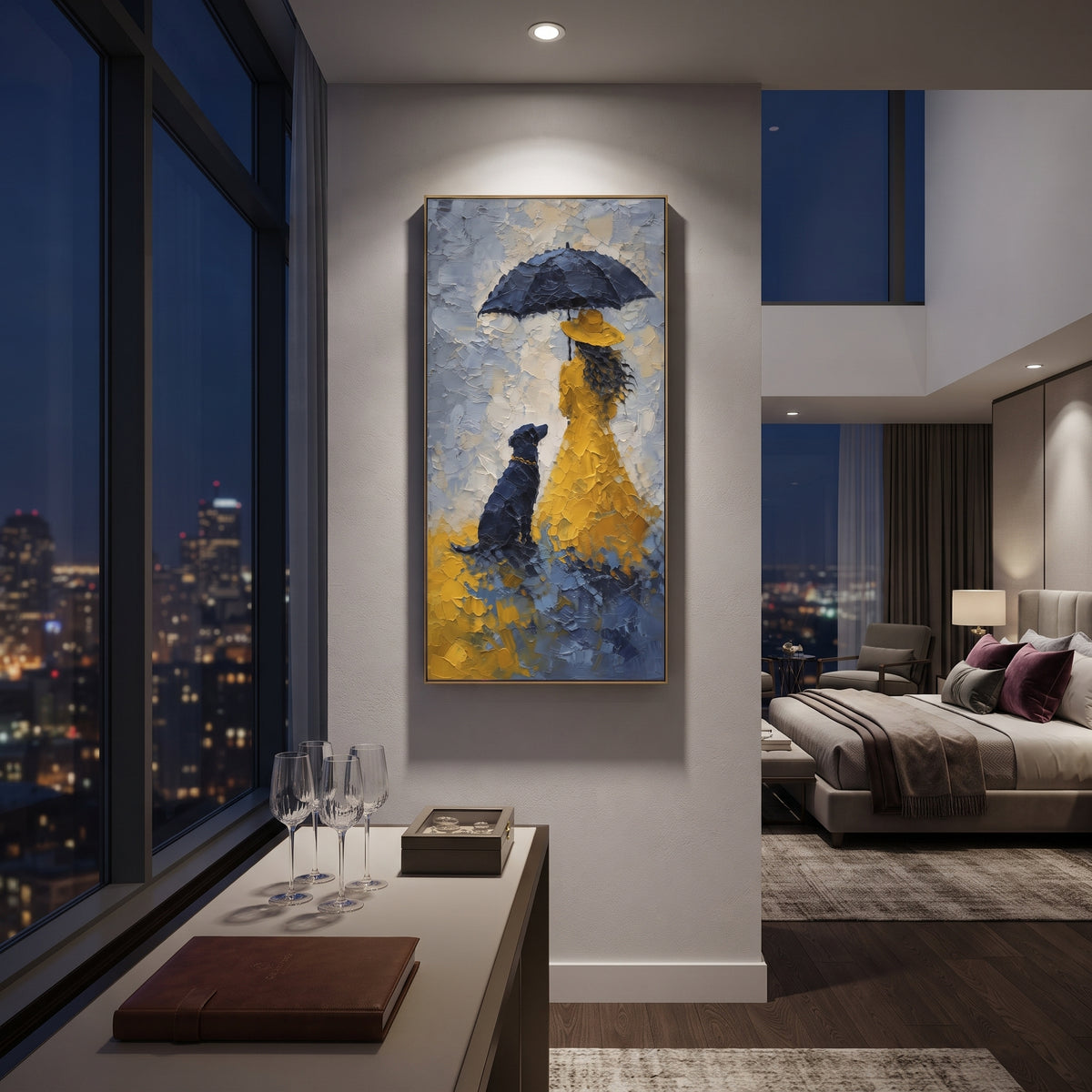 Yellow Raincoat Girl With Dog focuses on this hand-painted textured canvas features girl in yellow raincoat holding a black umbrella beside a seated dark dog in blue rain. The composition is described from the actual main image, so the visible subject, color balance, spacing, and surface movement stay specific to this product instead of reading like a batch title. Raised palette-knife layers, sculpted impasto ridges, softened brush transitions, and tactile handmade texture give the canvas