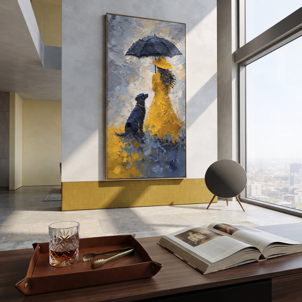Yellow Raincoat Girl With Dog focuses on this hand-painted textured canvas features girl in yellow raincoat holding a black umbrella beside a seated dark dog in blue rain. The composition is described from the actual main image, so the visible subject, color balance, spacing, and surface movement stay specific to this product instead of reading like a batch title. Raised palette-knife layers, sculpted impasto ridges, softened brush transitions, and tactile handmade texture give the canvas