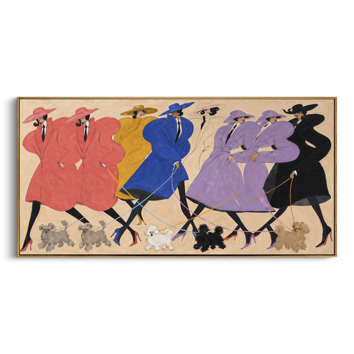 Colorful Fashion Dog Parade focuses on this hand-painted textured canvas features panoramic parade of colorful fashion figures and small dogs across a pale ground. The composition is described from the actual main image, so the visible subject, color balance, spacing, and surface movement stay specific to this product instead of reading like a batch title. Raised palette-knife layers, sculpted impasto ridges, softened brush transitions, and tactile handmade texture give the canvas dimensional