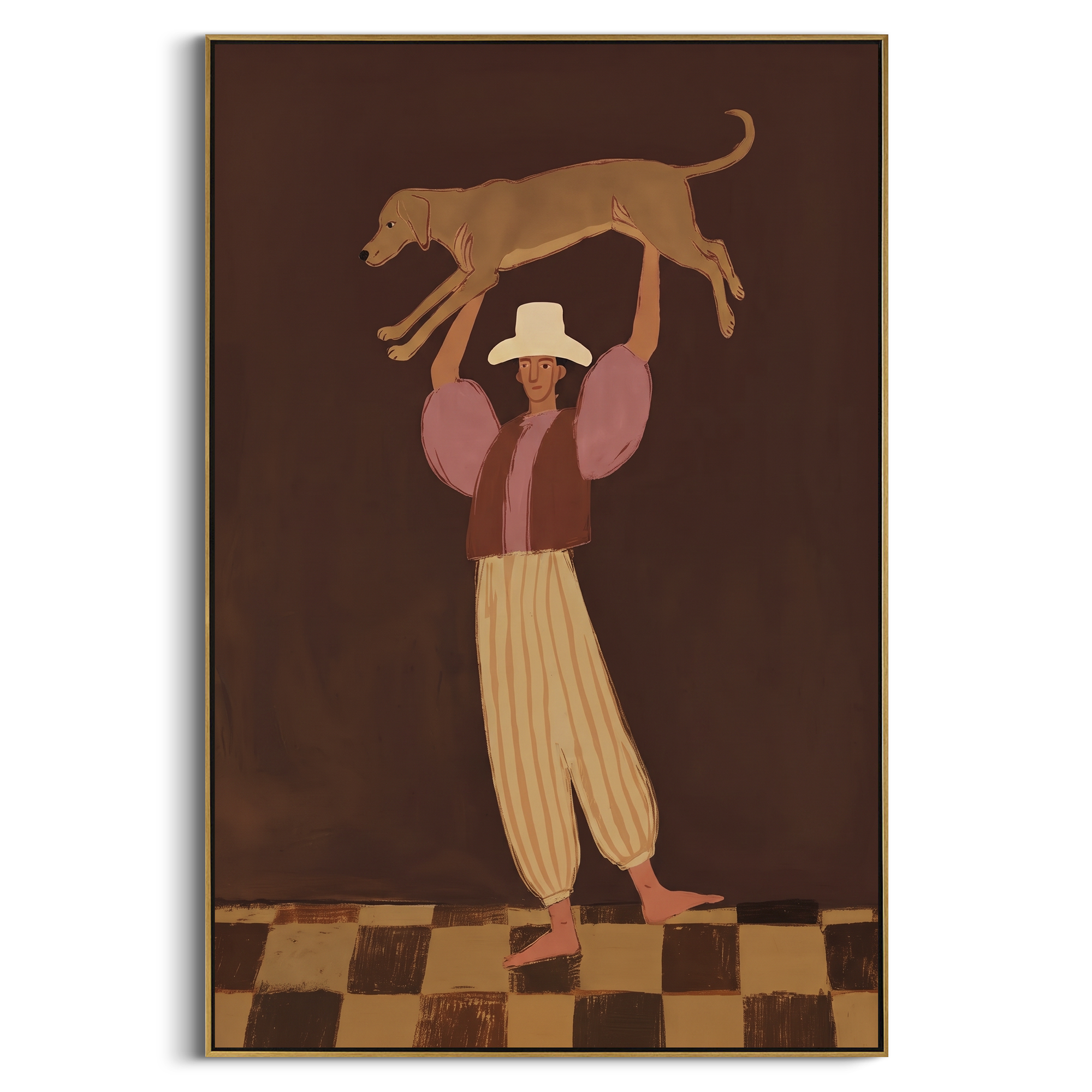 Woman Lifting Brown Dog focuses on this hand-painted textured canvas features woman in cropped top and striped pants lifting a brown dog over her head on a dark stage. The composition is described from the actual main image, so the visible subject, color balance, spacing, and surface movement stay specific to this product instead of reading like a batch title. Raised palette-knife layers, sculpted impasto ridges, softened brush transitions, and tactile handmade texture give the canvas