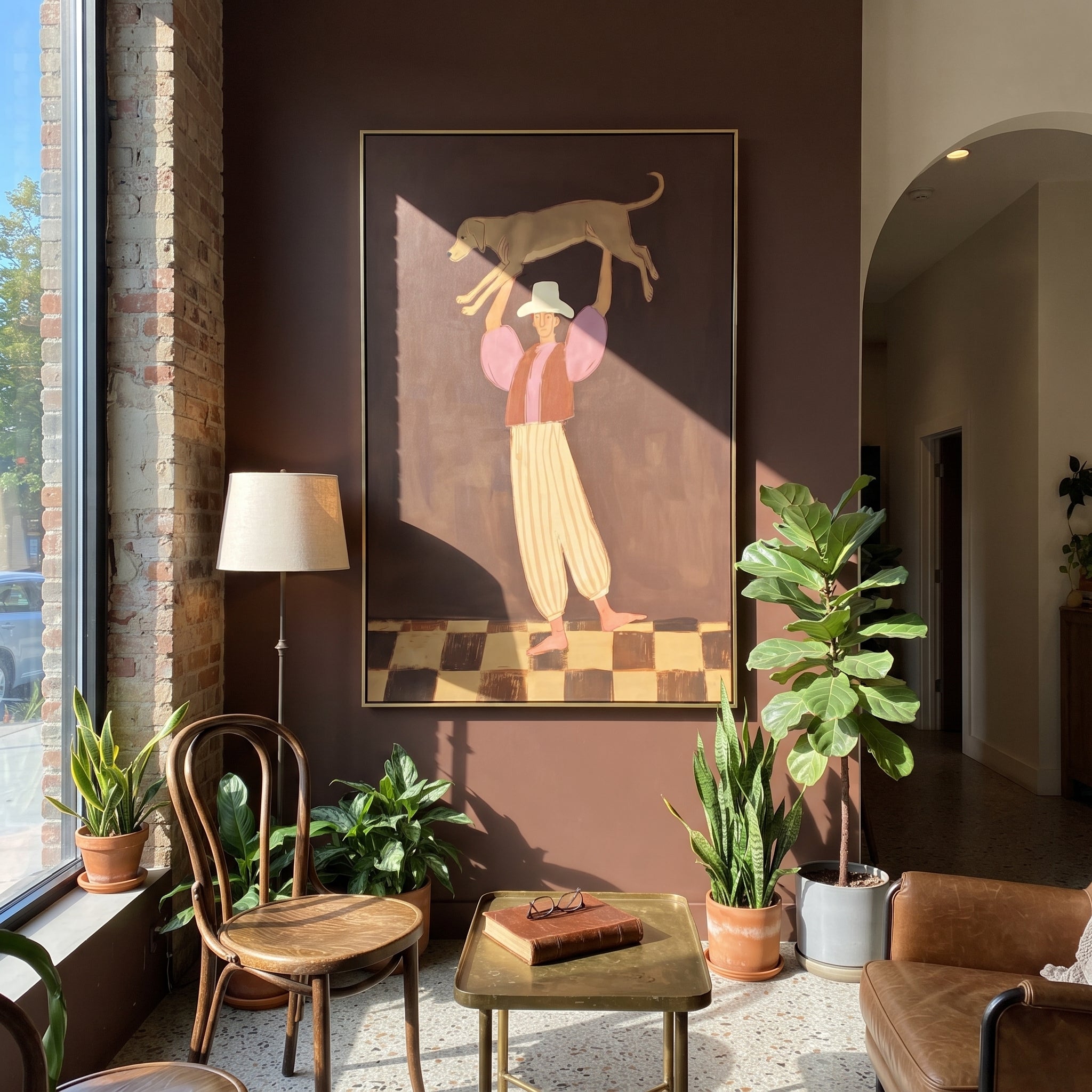 Woman Lifting Brown Dog focuses on this hand-painted textured canvas features woman in cropped top and striped pants lifting a brown dog over her head on a dark stage. The composition is described from the actual main image, so the visible subject, color balance, spacing, and surface movement stay specific to this product instead of reading like a batch title. Raised palette-knife layers, sculpted impasto ridges, softened brush transitions, and tactile handmade texture give the canvas