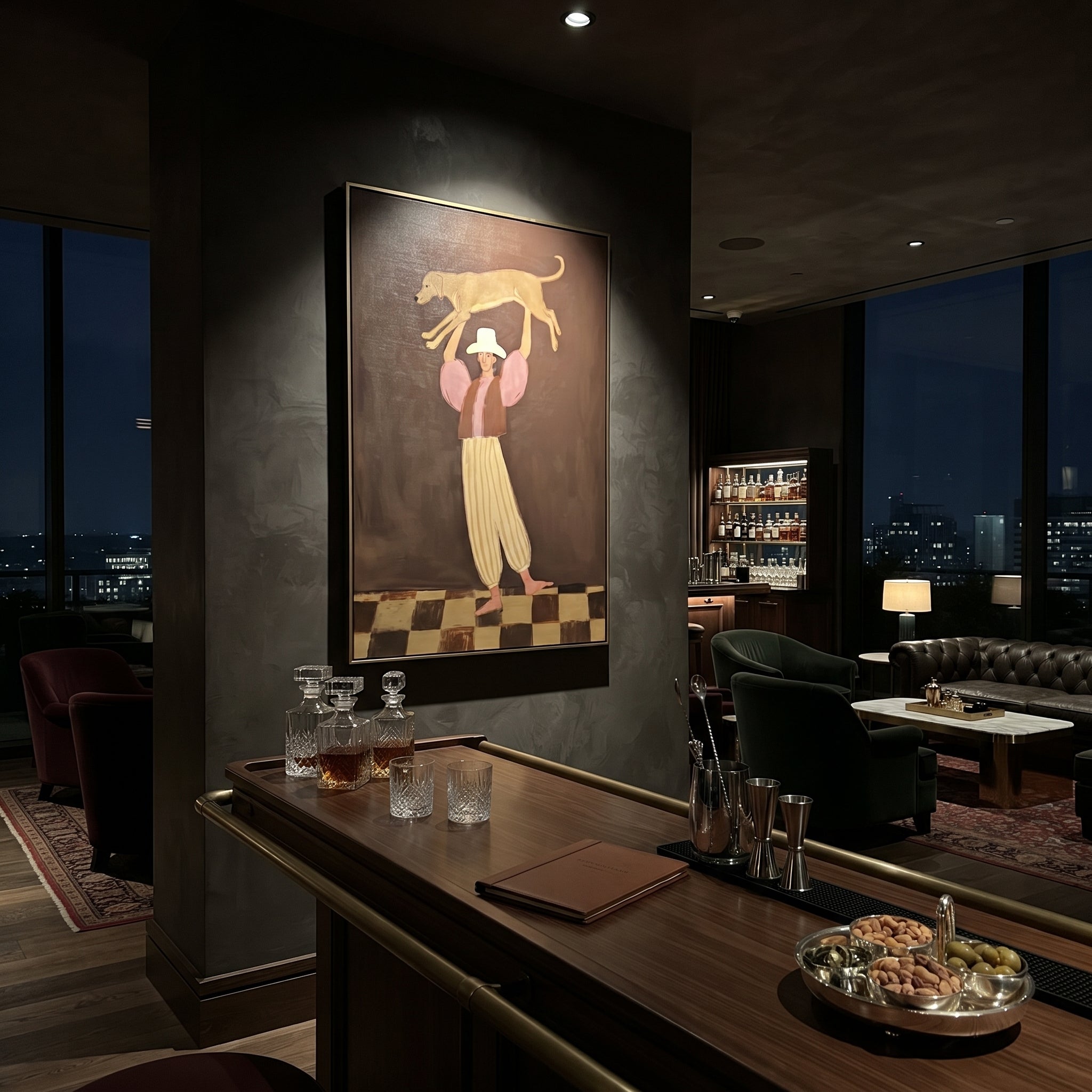 Woman Lifting Brown Dog focuses on this hand-painted textured canvas features woman in cropped top and striped pants lifting a brown dog over her head on a dark stage. The composition is described from the actual main image, so the visible subject, color balance, spacing, and surface movement stay specific to this product instead of reading like a batch title. Raised palette-knife layers, sculpted impasto ridges, softened brush transitions, and tactile handmade texture give the canvas