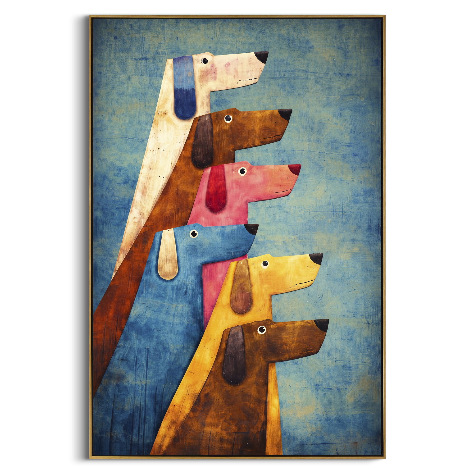 Stacked Colorful Dog Profiles focuses on this hand-painted textured canvas features vertical stack of colorful dog profiles in cream, brown, pink, blue, and yellow. The composition is described from the actual main image, so the visible subject, color balance, spacing, and surface movement stay specific to this product instead of reading like a batch title. Raised palette-knife layers, sculpted impasto ridges, softened brush transitions, and tactile handmade texture give the canvas dimensional