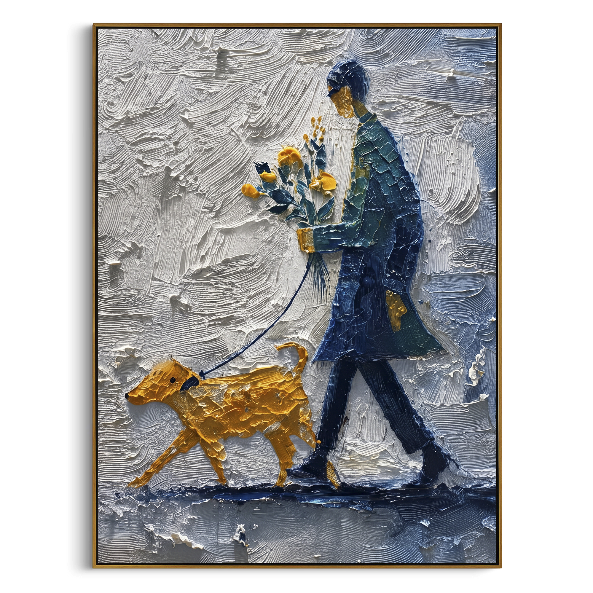 Blue Walker With Golden Dog focuses on this hand-painted textured canvas features blue coated walker carrying yellow flowers while leading a golden dog through thick grey snow. The composition is described from the actual main image, so the visible subject, color balance, spacing, and surface movement stay specific to this product instead of reading like a batch title. Raised palette-knife layers, sculpted impasto ridges, softened brush transitions, and tactile handmade texture give the canvas