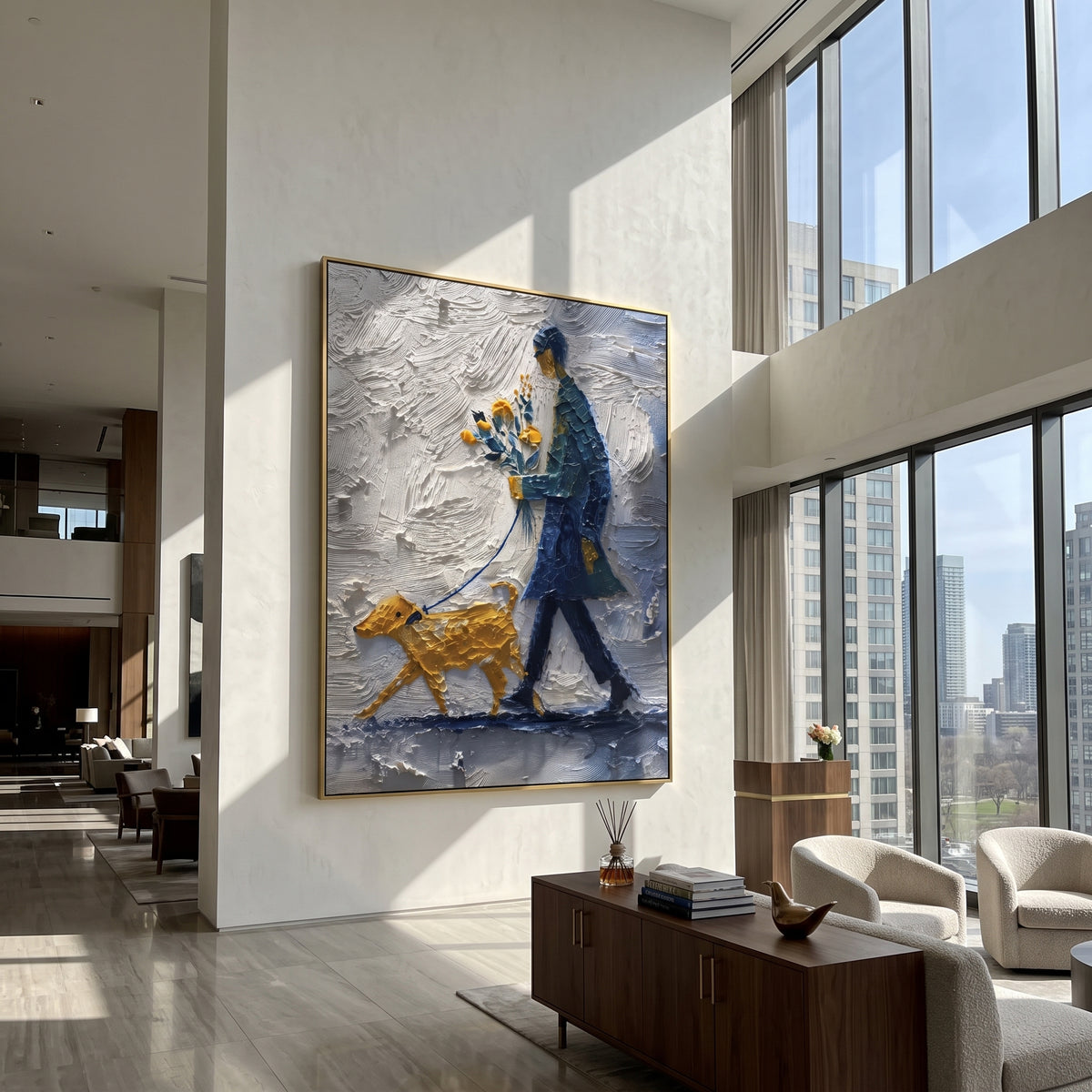 Blue Walker With Golden Dog focuses on this hand-painted textured canvas features blue coated walker carrying yellow flowers while leading a golden dog through thick grey snow. The composition is described from the actual main image, so the visible subject, color balance, spacing, and surface movement stay specific to this product instead of reading like a batch title. Raised palette-knife layers, sculpted impasto ridges, softened brush transitions, and tactile handmade texture give the canvas