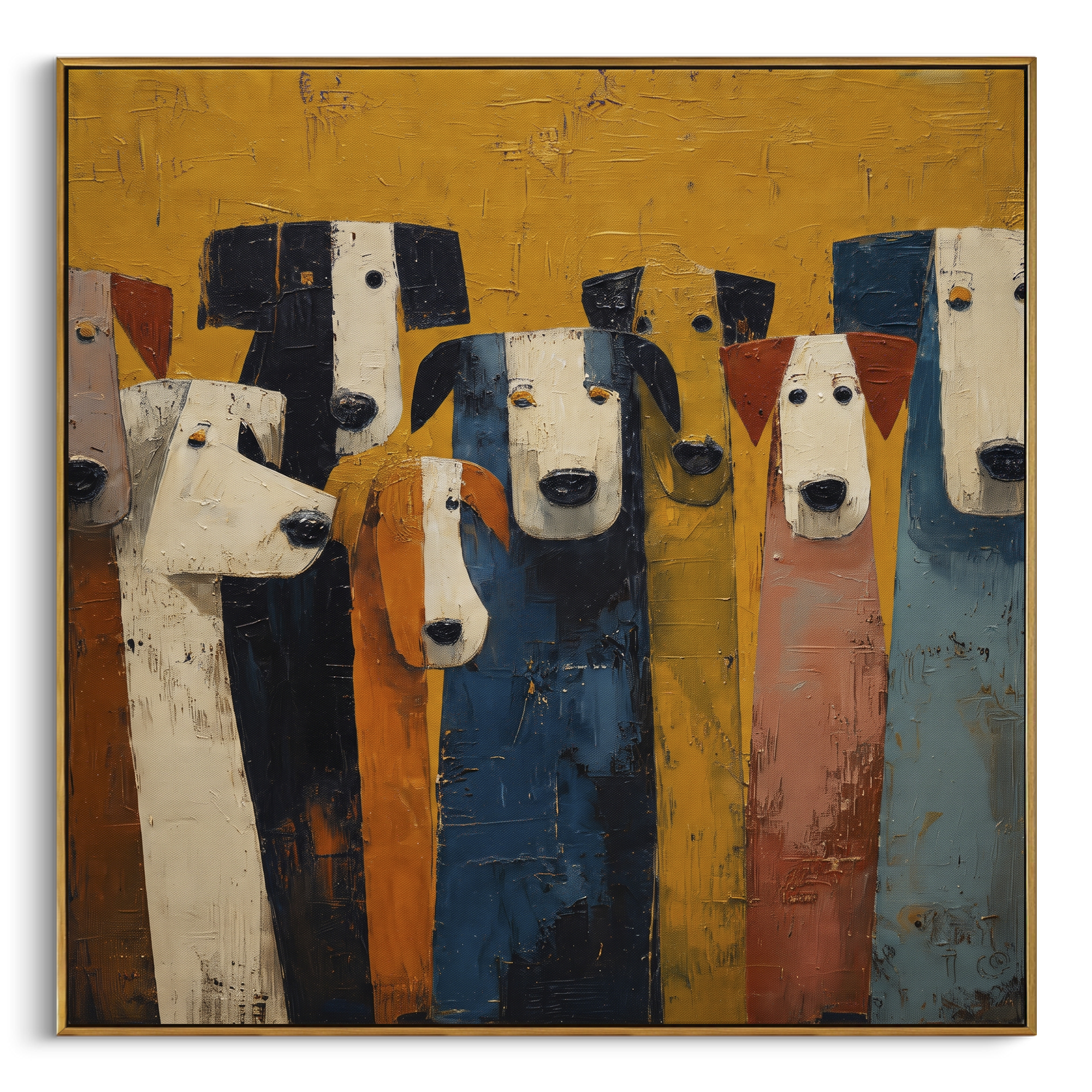Front Row Dog Portraits focuses on this hand-painted textured canvas features front row of tall dog portraits in white, black, ochre, blue, and salmon colors. The composition is described from the actual main image, so the visible subject, color balance, spacing, and surface movement stay specific to this product instead of reading like a batch title. Raised palette-knife layers, sculpted impasto ridges, softened brush transitions, and tactile handmade texture give the canvas dimensional depth