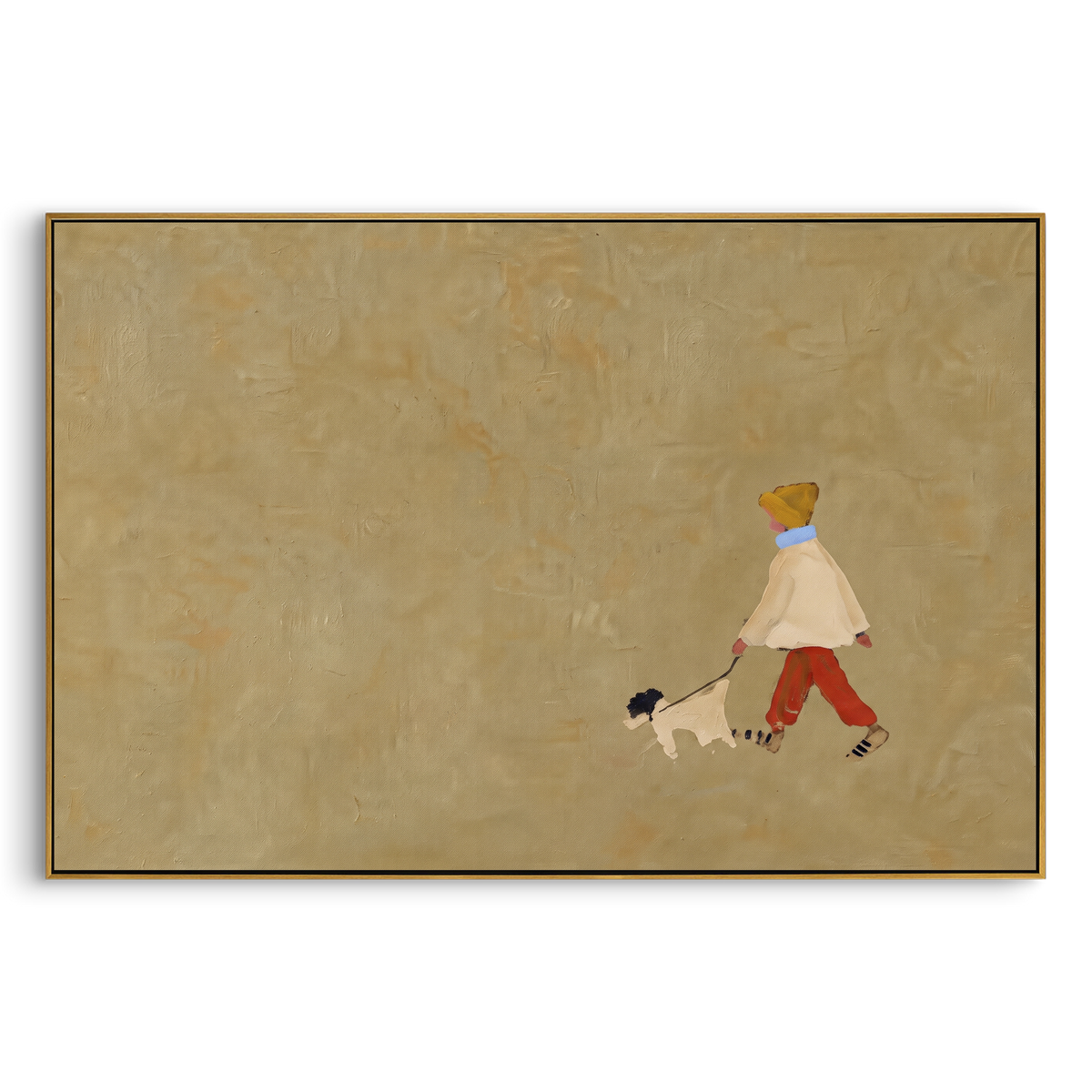 Small Child Walking Dog focuses on this hand-painted textured canvas features tiny child in red pants walking a small black and white dog across a wide beige field. The composition is described from the actual main image, so the visible subject, color balance, spacing, and surface movement stay specific to this product instead of reading like a batch title. Raised palette-knife layers, sculpted impasto ridges, softened brush transitions, and tactile handmade texture give the canvas dimensional
