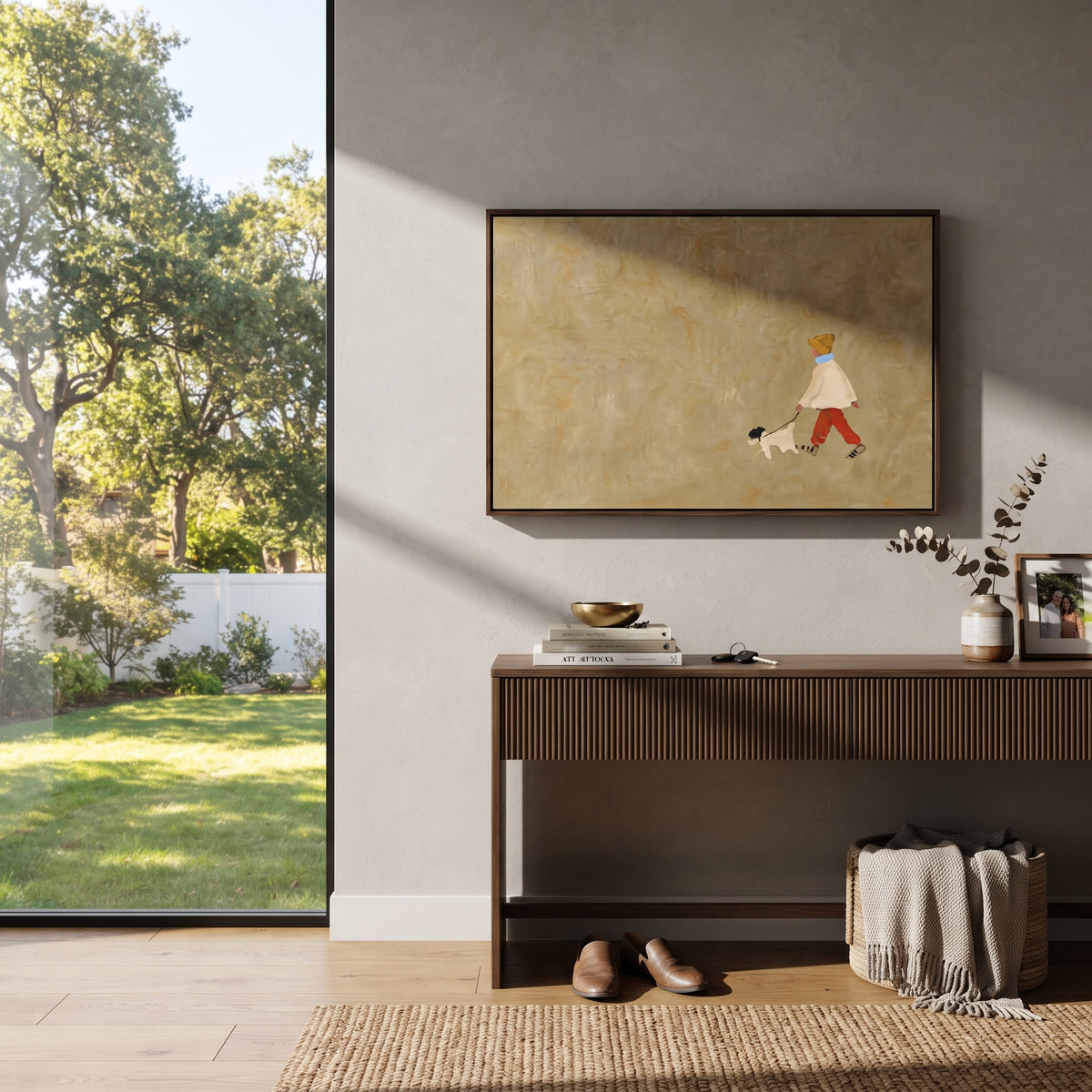 Small Child Walking Dog focuses on this hand-painted textured canvas features tiny child in red pants walking a small black and white dog across a wide beige field. The composition is described from the actual main image, so the visible subject, color balance, spacing, and surface movement stay specific to this product instead of reading like a batch title. Raised palette-knife layers, sculpted impasto ridges, softened brush transitions, and tactile handmade texture give the canvas dimensional