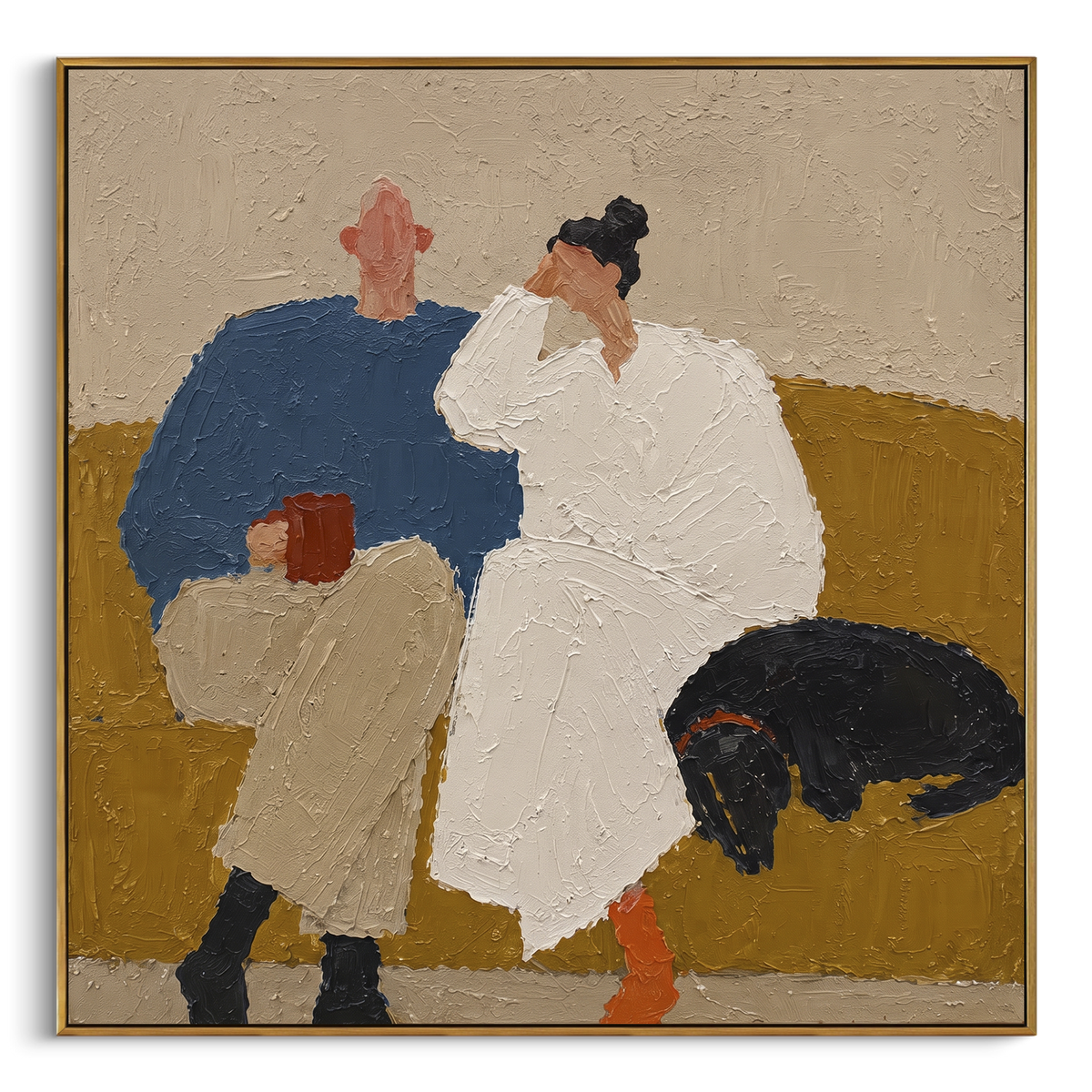 Couple Resting With Black Dog focuses on this hand-painted textured canvas features two seated figures in blue and white beside a reclining black dog on an ochre floor. The composition is described from the actual main image, so the visible subject, color balance, spacing, and surface movement stay specific to this product instead of reading like a batch title. Raised palette-knife layers, sculpted impasto ridges, softened brush transitions, and tactile handmade texture give the canvas
