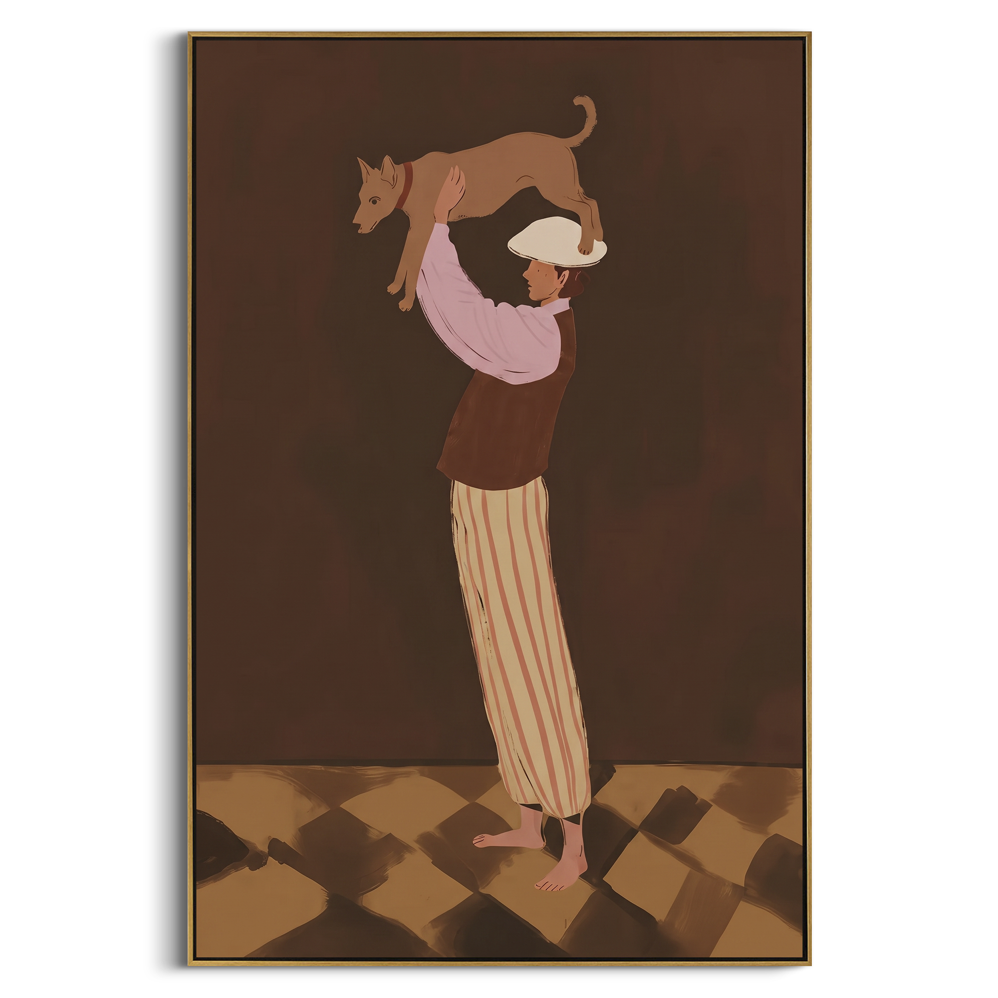 Performer Holding Brown Dog focuses on this hand-painted textured canvas features stage performer lifting a brown dog above her shoulders on a deep brown background. The composition is described from the actual main image, so the visible subject, color balance, spacing, and surface movement stay specific to this product instead of reading like a batch title. Raised palette-knife layers, sculpted impasto ridges, softened brush transitions, and tactile handmade texture give the canvas dimensional