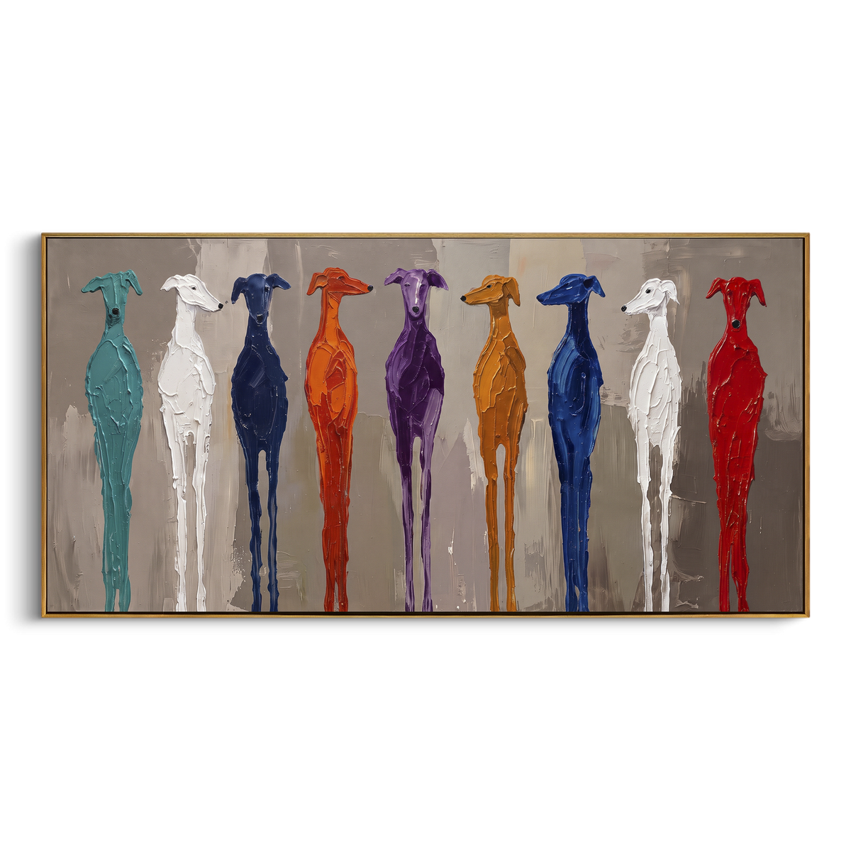 Rainbow Dog Lineup focuses on this hand-painted textured canvas features panoramic lineup of tall dogs painted in teal, white, navy, orange, purple, blue, and red. The composition is described from the actual main image, so the visible subject, color balance, spacing, and surface movement stay specific to this product instead of reading like a batch title. Raised palette-knife layers, sculpted impasto ridges, softened brush transitions, and tactile handmade texture give the canvas dimensional
