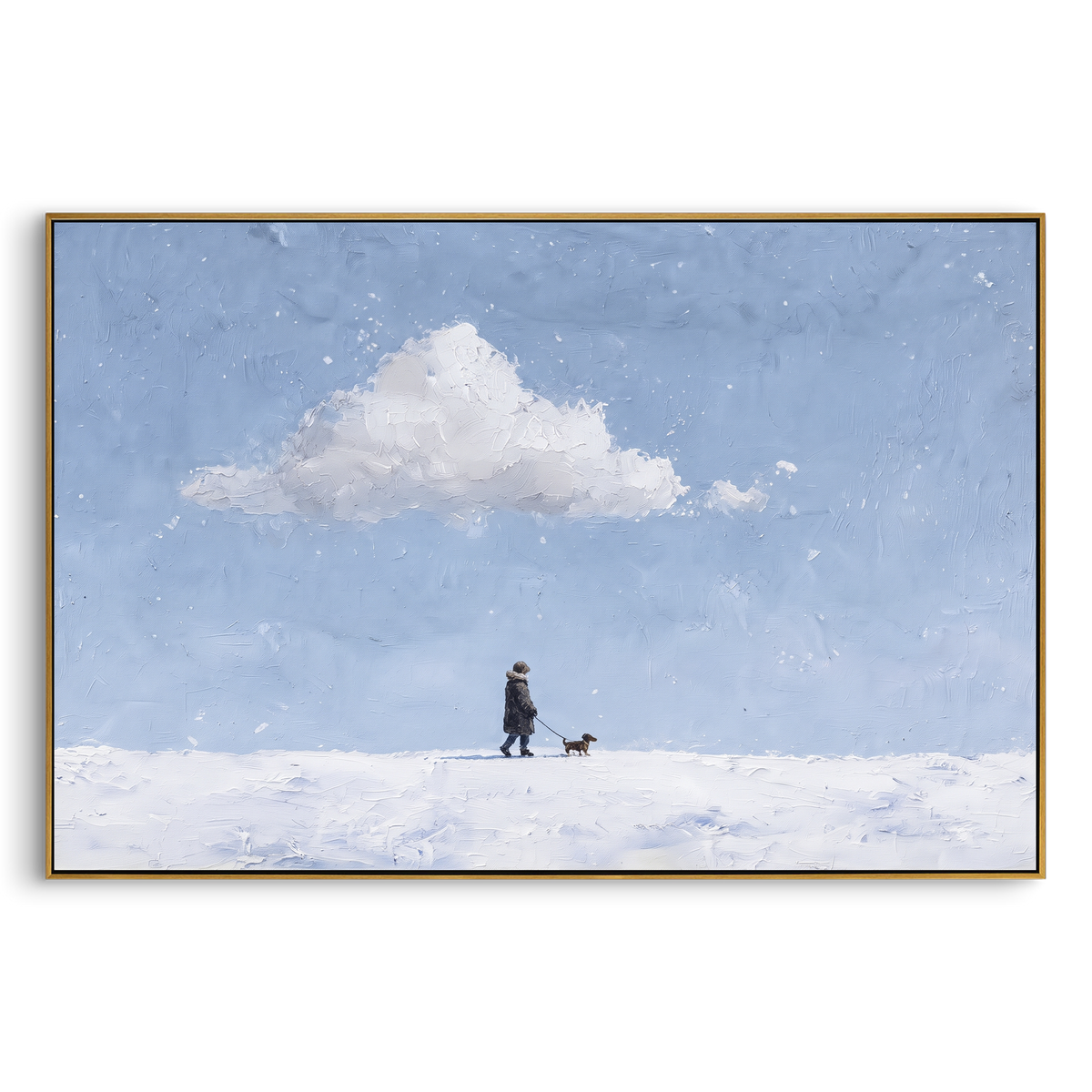 Snowfield Walker With Dog focuses on this hand-painted textured canvas features small dark walker and dog crossing a pale snowfield beneath a soft blue sky and white cloud. The composition is described from the actual main image, so the visible subject, color balance, spacing, and surface movement stay specific to this product instead of reading like a batch title. Raised palette-knife layers, sculpted impasto ridges, softened brush transitions, and tactile handmade texture give the canvas