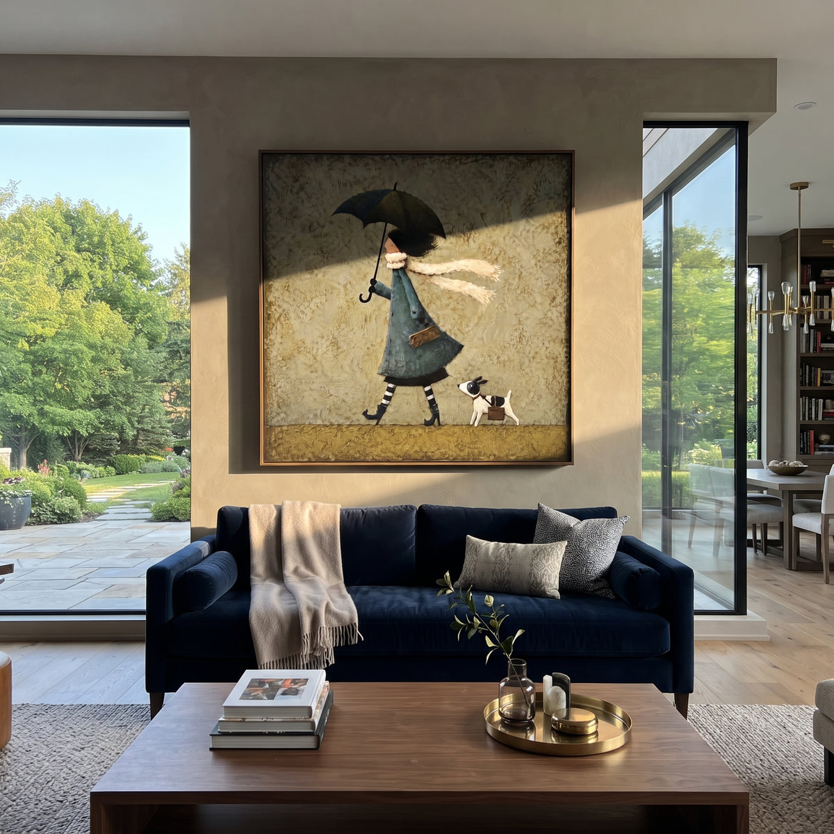 Umbrella Girl With Spotted Dog focuses on this hand-painted textured canvas features girl with black umbrella and white scarf walking a small spotted dog on a muted green ground. The composition is described from the actual main image, so the visible subject, color balance, spacing, and surface movement stay specific to this product instead of reading like a batch title. Raised palette-knife layers, sculpted impasto ridges, softened brush transitions, and tactile handmade texture give the canvas