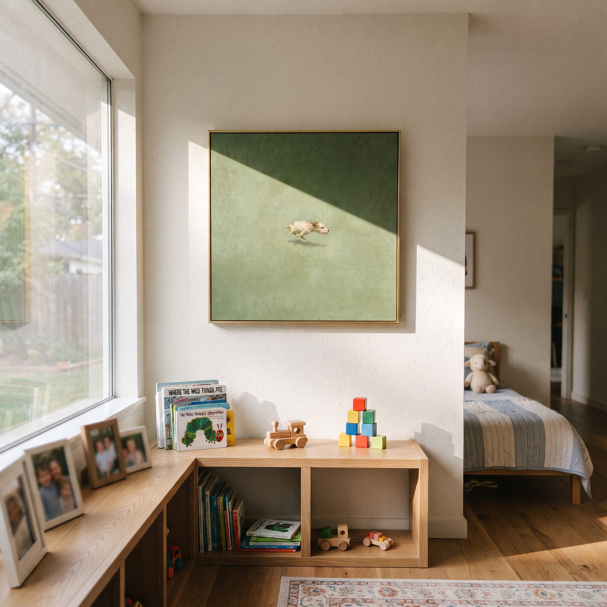 Tiny Dog On Green Field focuses on this hand-painted textured canvas features small cream dog running alone across a large muted green minimalist field. The composition is described from the actual main image, so the visible subject, color balance, spacing, and surface movement stay specific to this product instead of reading like a batch title. Raised palette-knife layers, sculpted impasto ridges, softened brush transitions, and tactile handmade texture give the canvas dimensional depth under