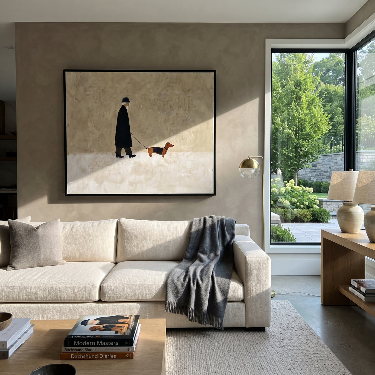 Black Coat Walker With Dachshund focuses on this hand-painted textured canvas features black coated figure walking a brown dachshund across a clean cream horizontal ground. The composition is described from the actual main image, so the visible subject, color balance, spacing, and surface movement stay specific to this product instead of reading like a batch title. Raised palette-knife layers, sculpted impasto ridges, softened brush transitions, and tactile handmade texture give the canvas