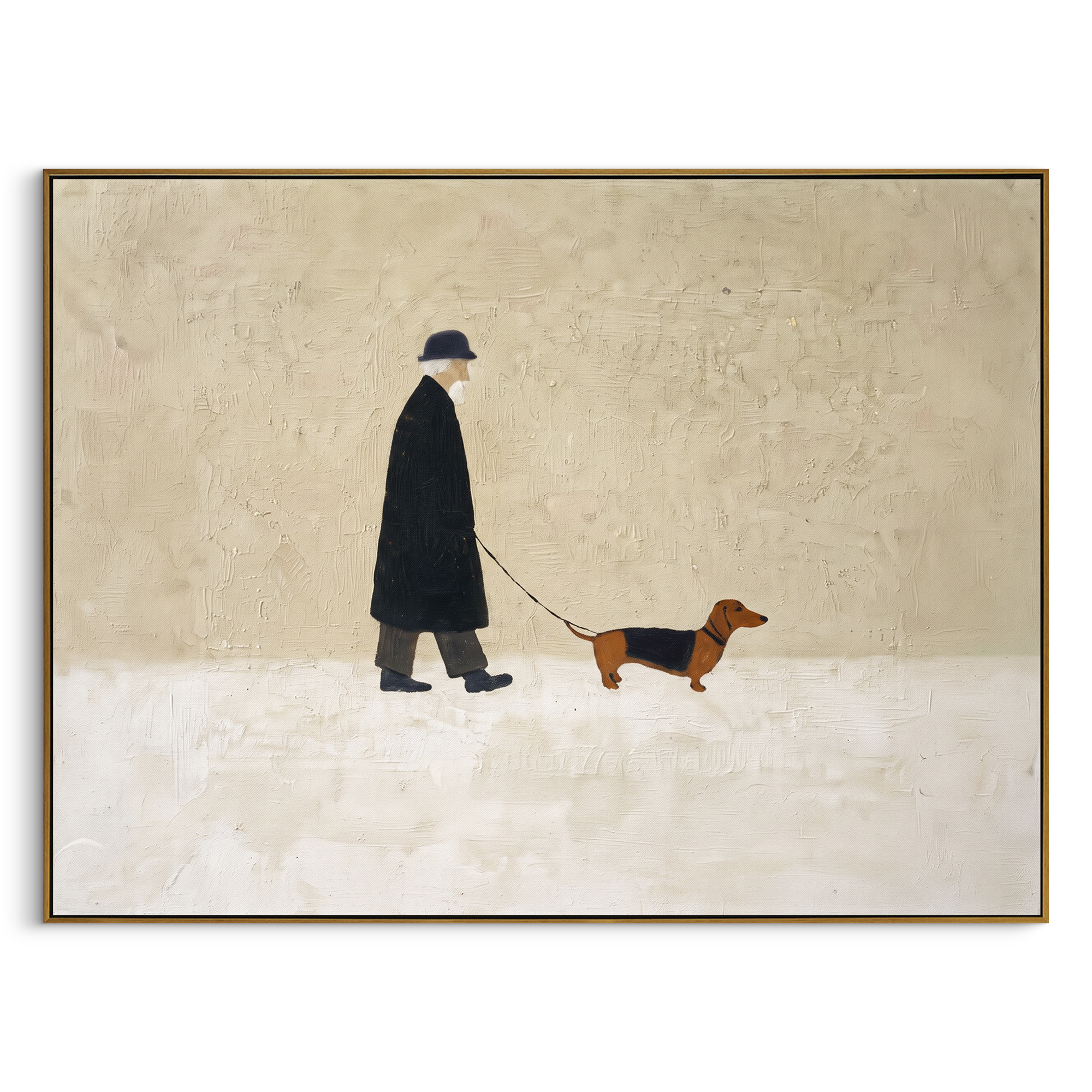 Black Coat Walker With Dachshund focuses on this hand-painted textured canvas features black coated figure walking a brown dachshund across a clean cream horizontal ground. The composition is described from the actual main image, so the visible subject, color balance, spacing, and surface movement stay specific to this product instead of reading like a batch title. Raised palette-knife layers, sculpted impasto ridges, softened brush transitions, and tactile handmade texture give the canvas