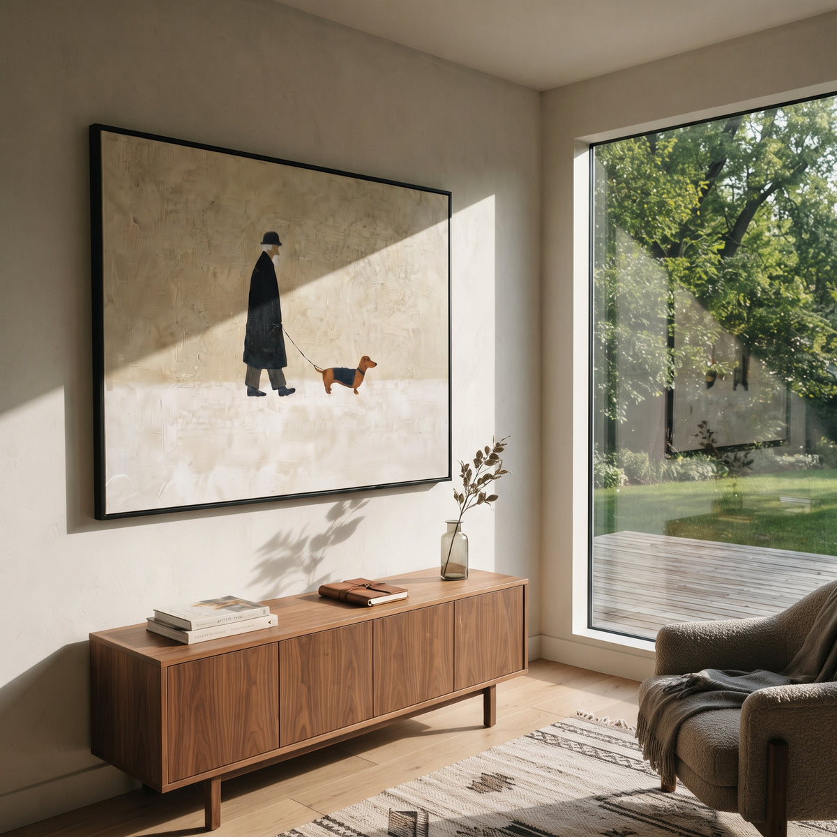 Black Coat Walker With Dachshund focuses on this hand-painted textured canvas features black coated figure walking a brown dachshund across a clean cream horizontal ground. The composition is described from the actual main image, so the visible subject, color balance, spacing, and surface movement stay specific to this product instead of reading like a batch title. Raised palette-knife layers, sculpted impasto ridges, softened brush transitions, and tactile handmade texture give the canvas