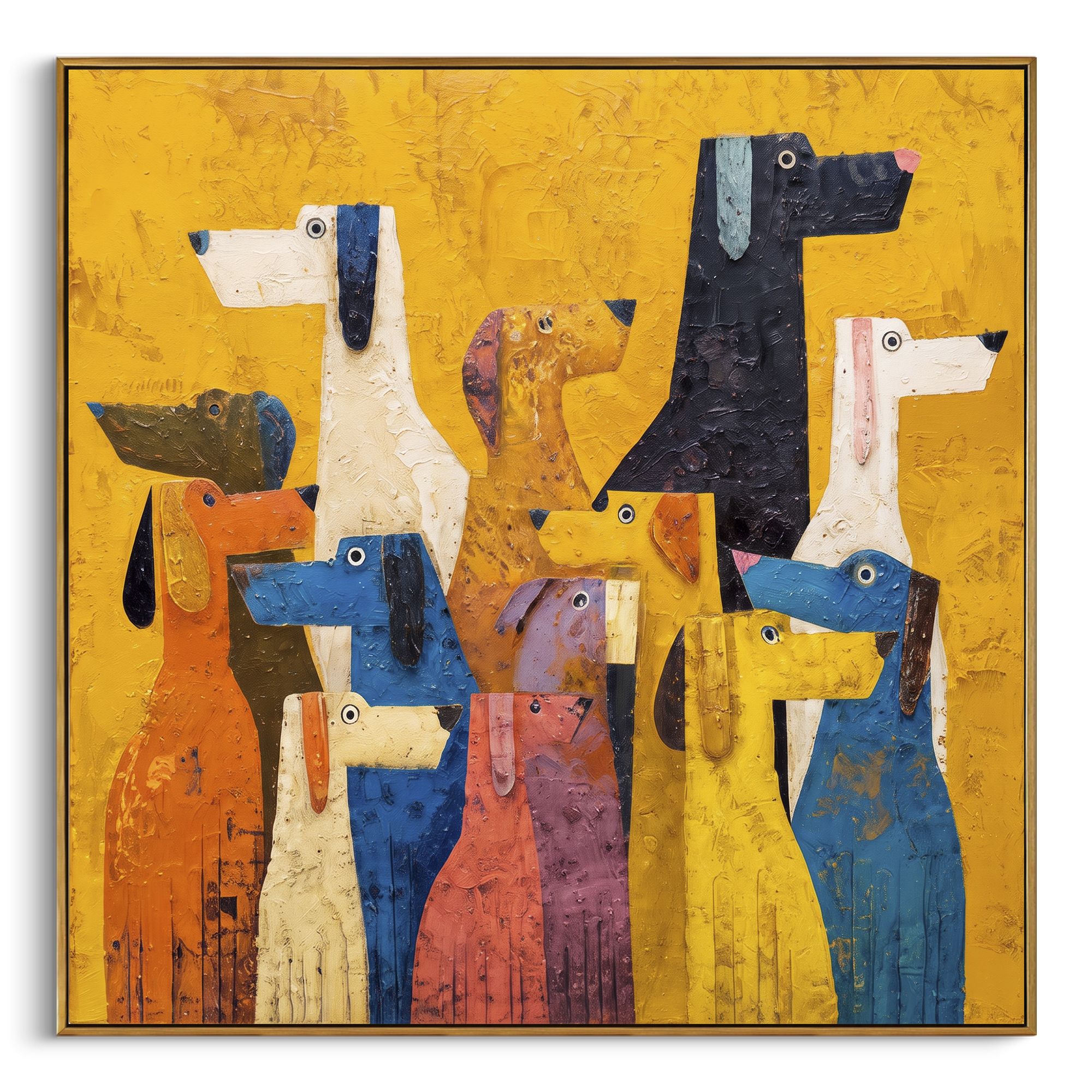 Bright Yellow Dog Group focuses on this hand-painted textured canvas features group of colorful stylized dogs on a vivid yellow background with blue, pink, black, and white forms. The composition is described from the actual main image, so the visible subject, color balance, spacing, and surface movement stay specific to this product instead of reading like a batch title. Raised palette-knife layers, sculpted impasto ridges, softened brush transitions, and tactile handmade texture give the