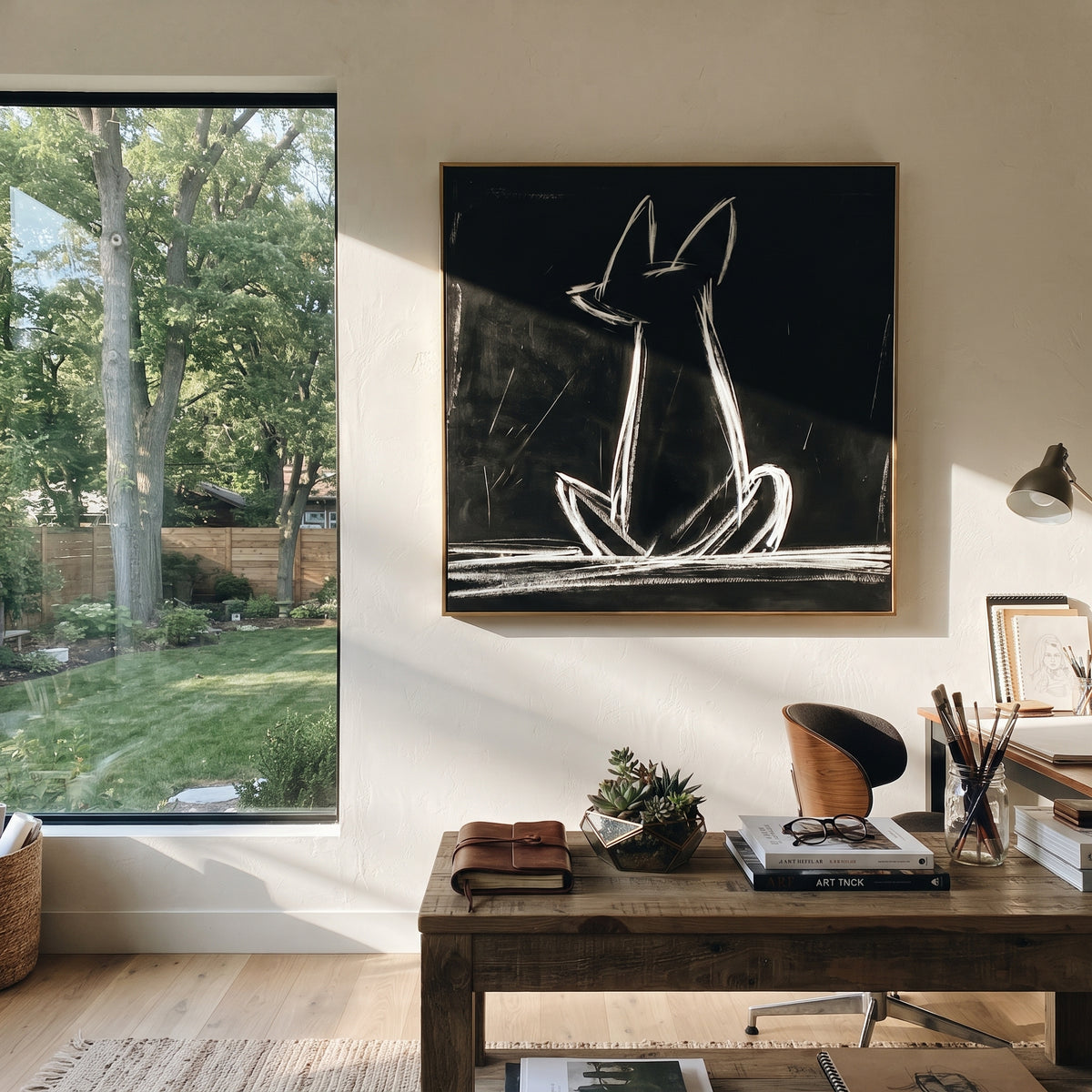 Black Ground White Line Dog focuses on this hand-painted textured canvas features a white line dog silhouette on a deep black ground with expressive chalk-like strokes, long upright ear shapes, a seated body outline, and visible white marks along the lower edge. The composition is described from the actual main image, so the visible subject, color balance, spacing, and surface movement stay specific to this product instead of reading like a batch title. Raised palette-knife layers, sculpted