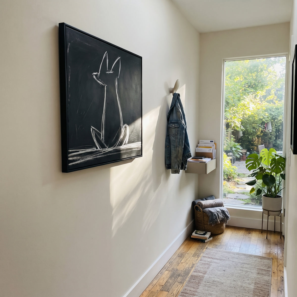 Black Ground White Line Dog focuses on this hand-painted textured canvas features a white line dog silhouette on a deep black ground with expressive chalk-like strokes, long upright ear shapes, a seated body outline, and visible white marks along the lower edge. The composition is described from the actual main image, so the visible subject, color balance, spacing, and surface movement stay specific to this product instead of reading like a batch title. Raised palette-knife layers, sculpted