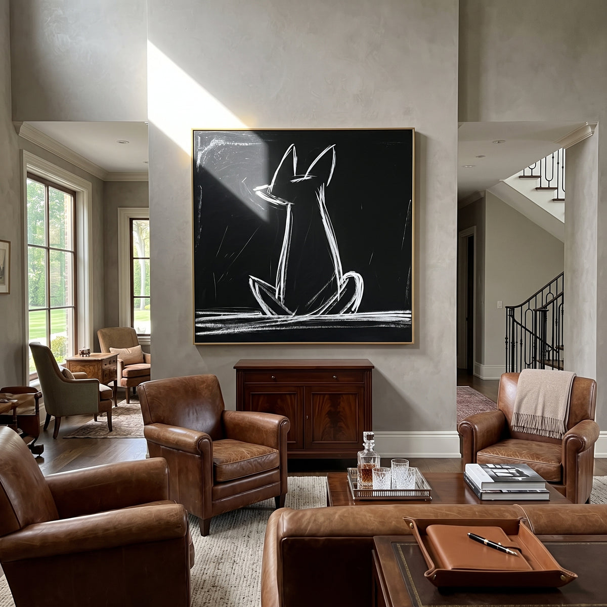 Black Ground White Line Dog focuses on this hand-painted textured canvas features a white line dog silhouette on a deep black ground with expressive chalk-like strokes, long upright ear shapes, a seated body outline, and visible white marks along the lower edge. The composition is described from the actual main image, so the visible subject, color balance, spacing, and surface movement stay specific to this product instead of reading like a batch title. Raised palette-knife layers, sculpted