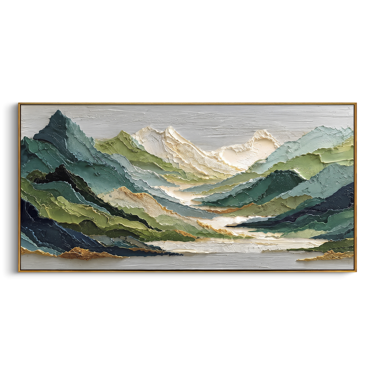 Layered Green Mountain Valley focuses on this hand-painted textured canvas features layered green mountains, pale river valley, white distant peaks, and raised ridge texture. The composition is described from the actual main image, so the visible subject, color balance, spacing, and surface movement stay specific to this product instead of reading like a batch title. Raised palette-knife layers, sculpted impasto ridges, softened brush transitions, and tactile handmade texture give the canvas