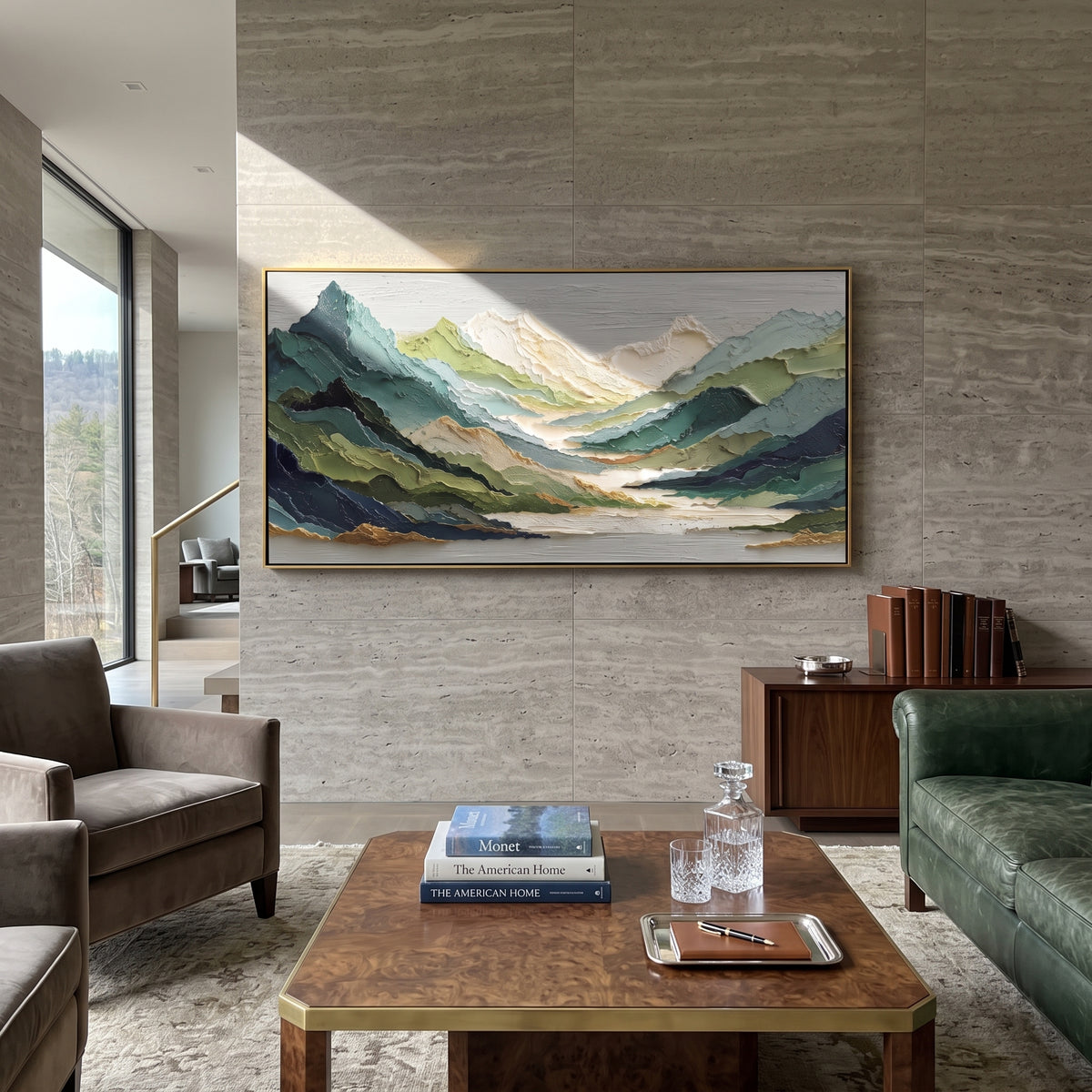 Layered Green Mountain Valley focuses on this hand-painted textured canvas features layered green mountains, pale river valley, white distant peaks, and raised ridge texture. The composition is described from the actual main image, so the visible subject, color balance, spacing, and surface movement stay specific to this product instead of reading like a batch title. Raised palette-knife layers, sculpted impasto ridges, softened brush transitions, and tactile handmade texture give the canvas