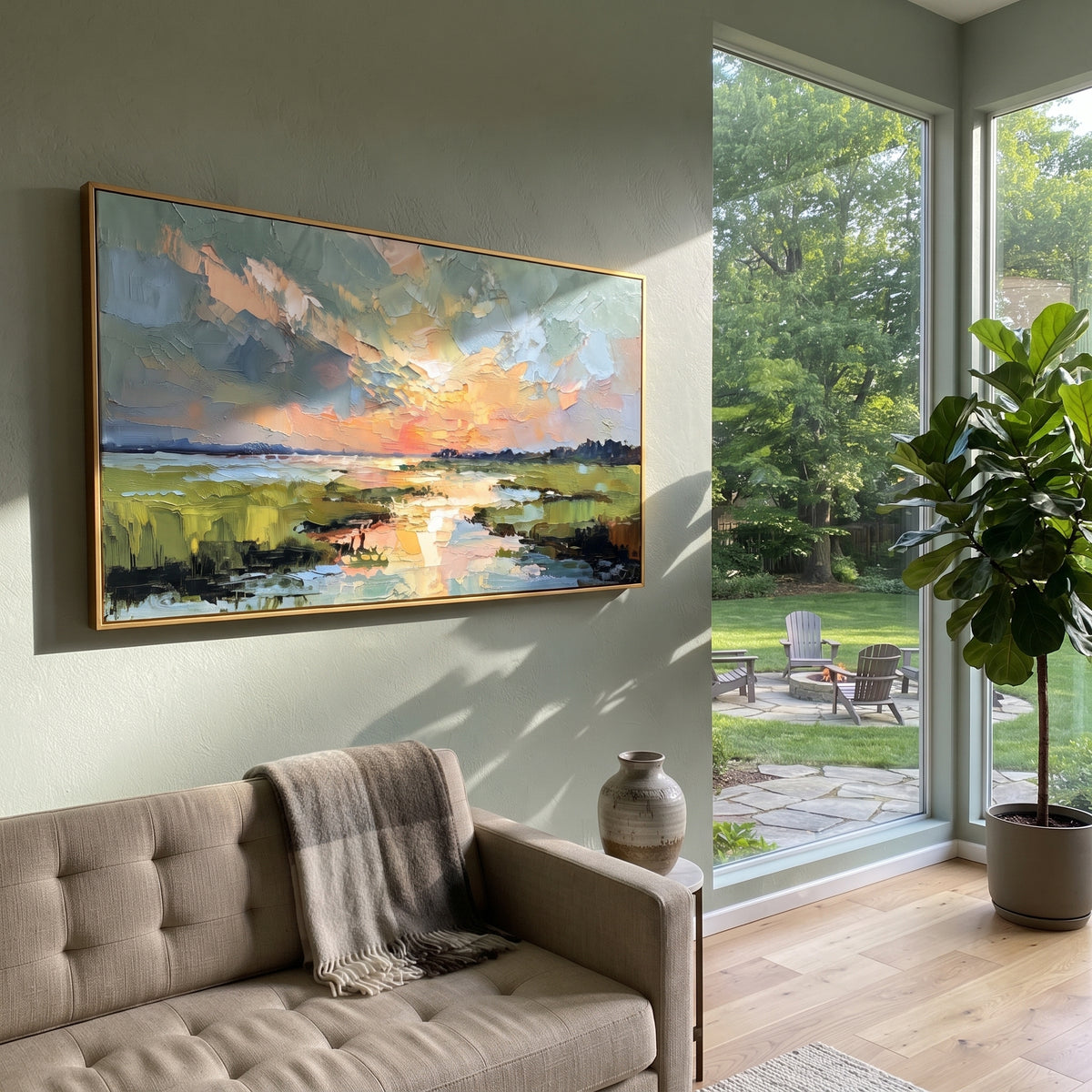 Sunset Wetland Reflection focuses on this hand-painted textured canvas features orange sunset over low wetlands, reflective water, dark tree line, and blue sky blocks. The composition is described from the actual main image, so the visible subject, color balance, spacing, and surface movement stay specific to this product instead of reading like a batch title. Raised palette-knife layers, sculpted impasto ridges, softened brush transitions, and tactile handmade texture give the canvas