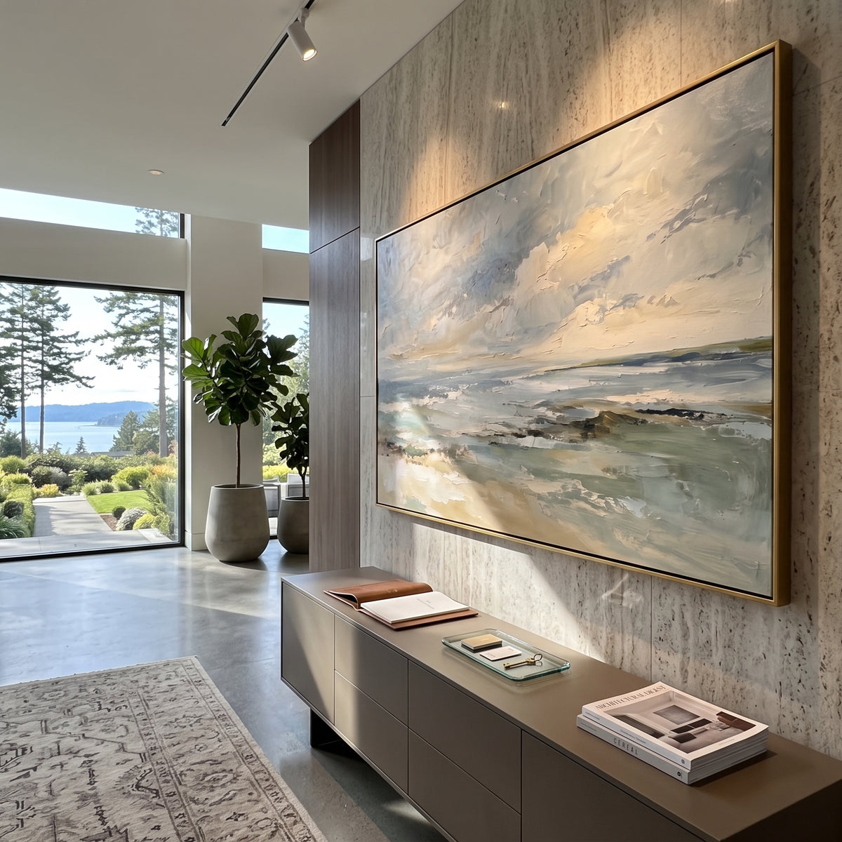 Misty Shoreline Horizon focuses on this hand-painted textured canvas features soft grey shoreline, pale sea horizon, low clouds, and calm sandy coastal light. The composition is described from the actual main image, so the visible subject, color balance, spacing, and surface movement stay specific to this product instead of reading like a batch title. Raised palette-knife layers, sculpted impasto ridges, softened brush transitions, and tactile handmade texture give the canvas dimensional depth