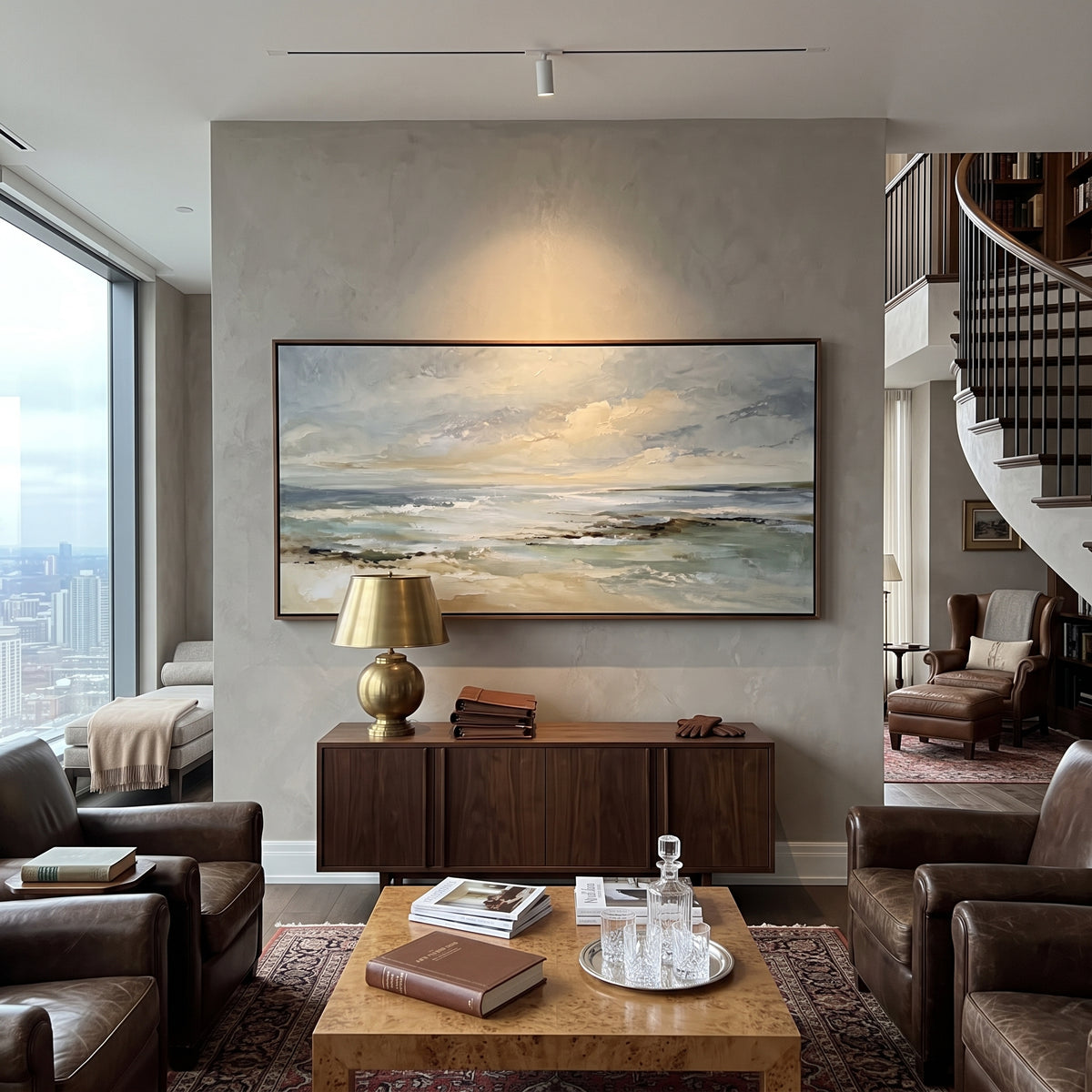 Misty Shoreline Horizon focuses on this hand-painted textured canvas features soft grey shoreline, pale sea horizon, low clouds, and calm sandy coastal light. The composition is described from the actual main image, so the visible subject, color balance, spacing, and surface movement stay specific to this product instead of reading like a batch title. Raised palette-knife layers, sculpted impasto ridges, softened brush transitions, and tactile handmade texture give the canvas dimensional depth