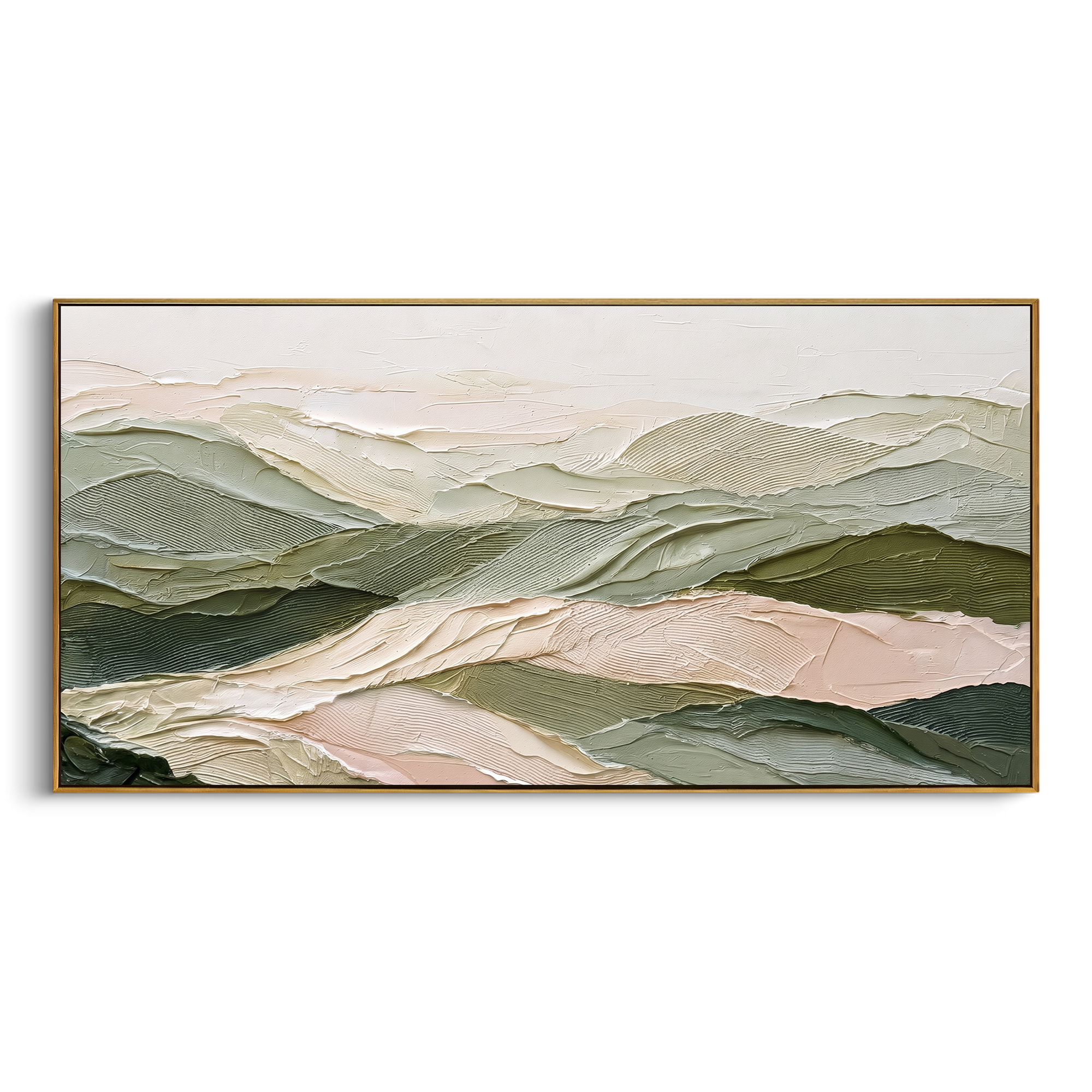 Soft Green Mountain Range focuses on this hand-painted textured canvas features soft green layered mountain range, pale valley folds, and quiet white ridgelines. The composition is described from the actual main image, so the visible subject, color balance, spacing, and surface movement stay specific to this product instead of reading like a batch title. Raised palette-knife layers, sculpted impasto ridges, softened brush transitions, and tactile handmade texture give the canvas dimensional