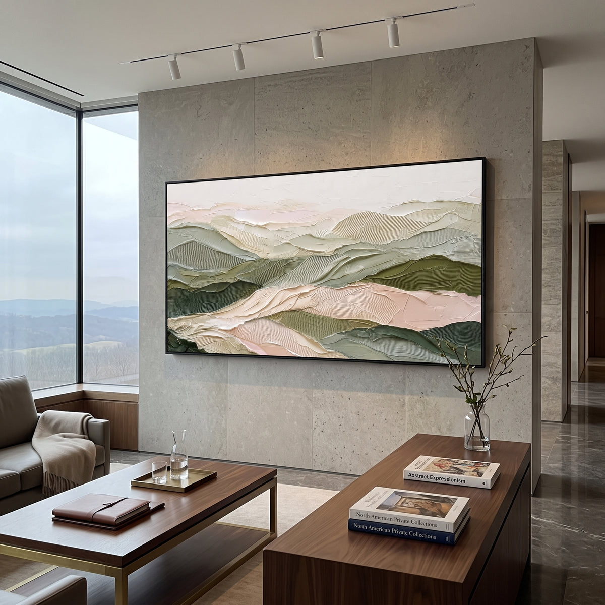 Soft Green Mountain Range focuses on this hand-painted textured canvas features soft green layered mountain range, pale valley folds, and quiet white ridgelines. The composition is described from the actual main image, so the visible subject, color balance, spacing, and surface movement stay specific to this product instead of reading like a batch title. Raised palette-knife layers, sculpted impasto ridges, softened brush transitions, and tactile handmade texture give the canvas dimensional