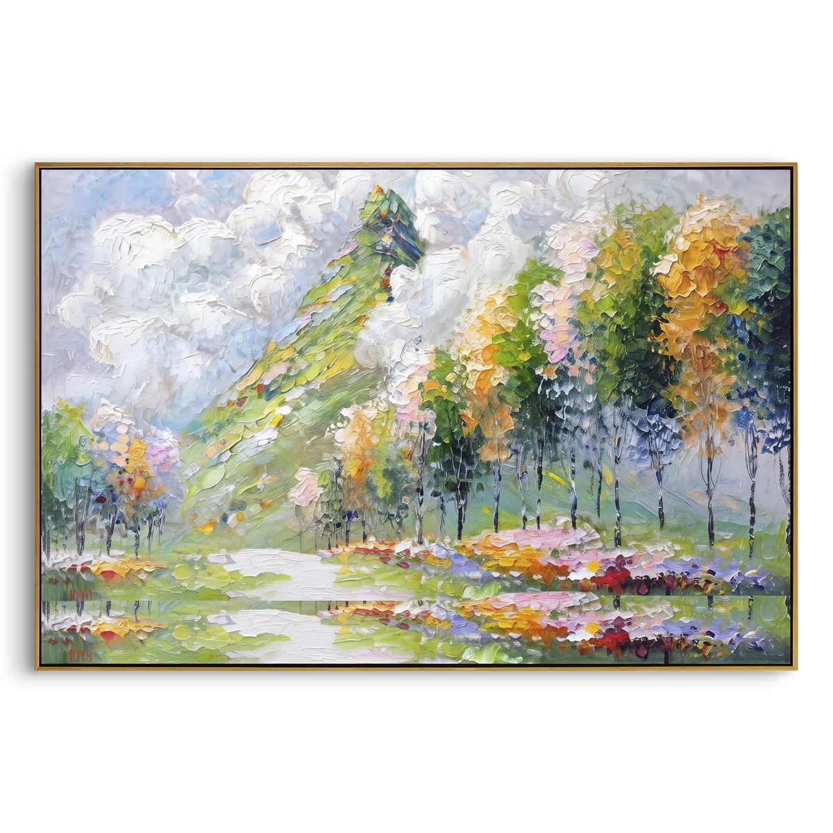 Flowering Garden Path focuses on this hand-painted textured canvas features bright garden path with flowering trees, white clouds, and colorful spring meadow strokes. The composition is described from the actual main image, so the visible subject, color balance, spacing, and surface movement stay specific to this product instead of reading like a batch title. Raised palette-knife layers, sculpted impasto ridges, softened brush transitions, and tactile handmade texture give the canvas dimensional