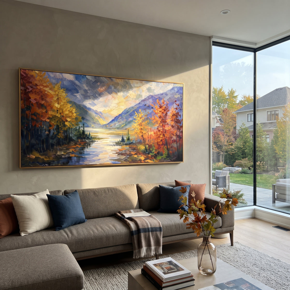 Autumn River Mountain focuses on this hand-painted textured canvas features autumn trees beside a river, blue mountains, golden sky, and colorful reflected banks. The composition is described from the actual main image, so the visible subject, color balance, spacing, and surface movement stay specific to this product instead of reading like a batch title. Raised palette-knife layers, sculpted impasto ridges, softened brush transitions, and tactile handmade texture give the canvas dimensional