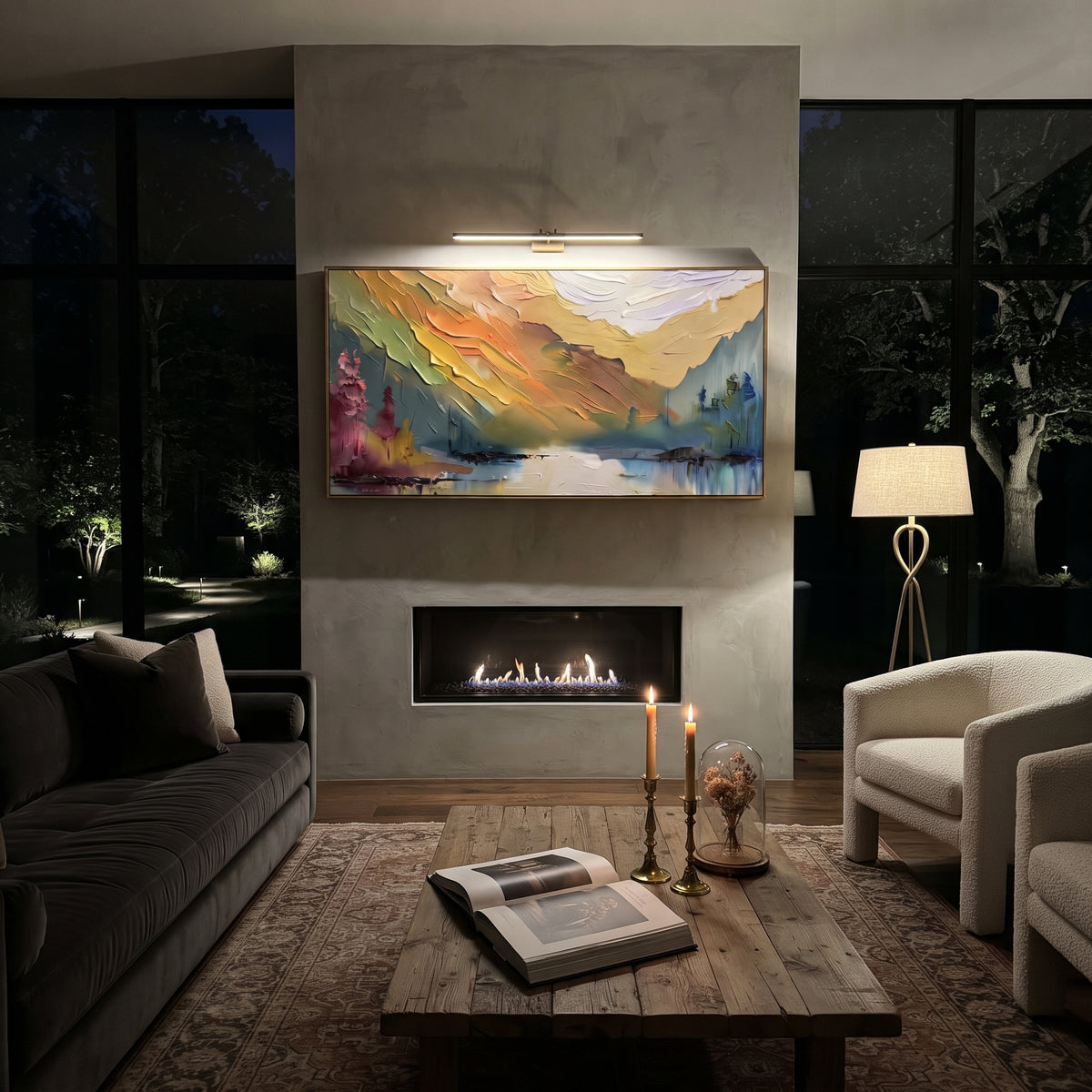 Rainbow Mountain Lake focuses on this hand-painted textured canvas features rainbow-toned mountain lake with orange ridges, green banks, and soft reflected water. The composition is described from the actual main image, so the visible subject, color balance, spacing, and surface movement stay specific to this product instead of reading like a batch title. Raised palette-knife layers, sculpted impasto ridges, softened brush transitions, and tactile handmade texture give the canvas dimensional