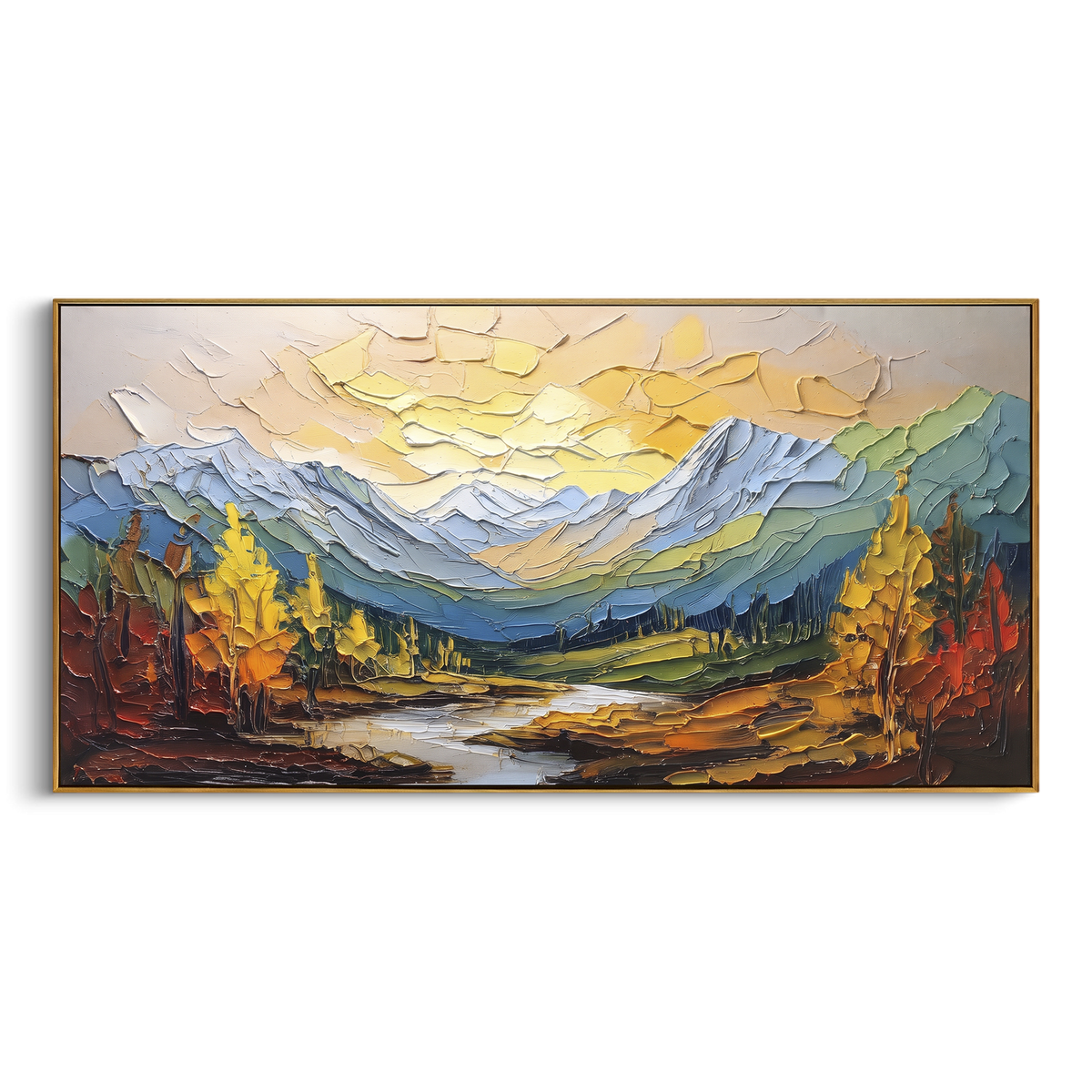 Golden Peak River Valley focuses on this hand-painted textured canvas features golden sky over blue mountains, river valley, warm autumn trees, and raised forest texture. The composition is described from the actual main image, so the visible subject, color balance, spacing, and surface movement stay specific to this product instead of reading like a batch title. Raised palette-knife layers, sculpted impasto ridges, softened brush transitions, and tactile handmade texture give the canvas