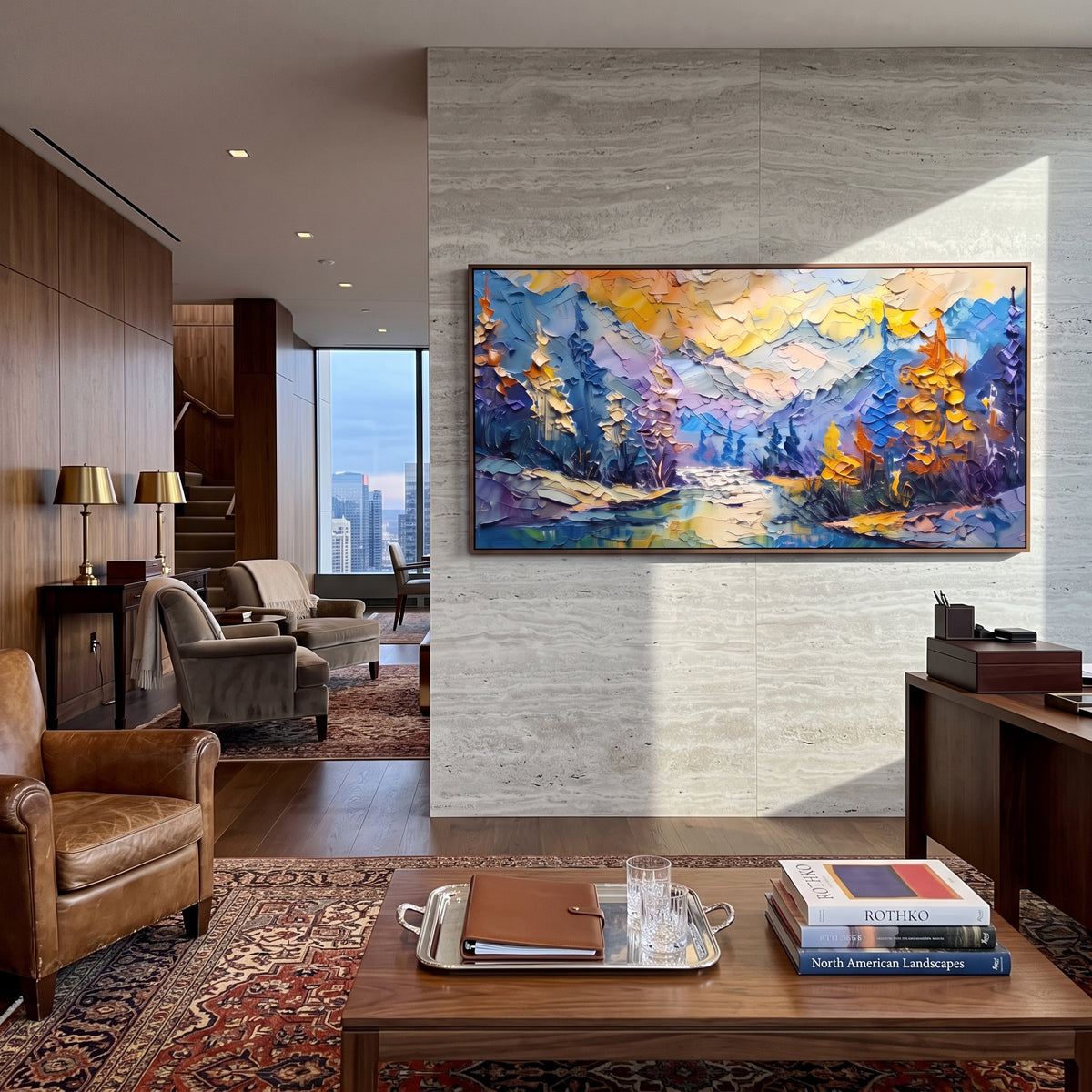 Snowy Alpine River focuses on this hand-painted textured canvas features snowy alpine peaks, blue river, orange trees, and thick mountain texture. The composition is described from the actual main image, so the visible subject, color balance, spacing, and surface movement stay specific to this product instead of reading like a batch title. Raised palette-knife layers, sculpted impasto ridges, softened brush transitions, and tactile handmade texture give the canvas dimensional depth under