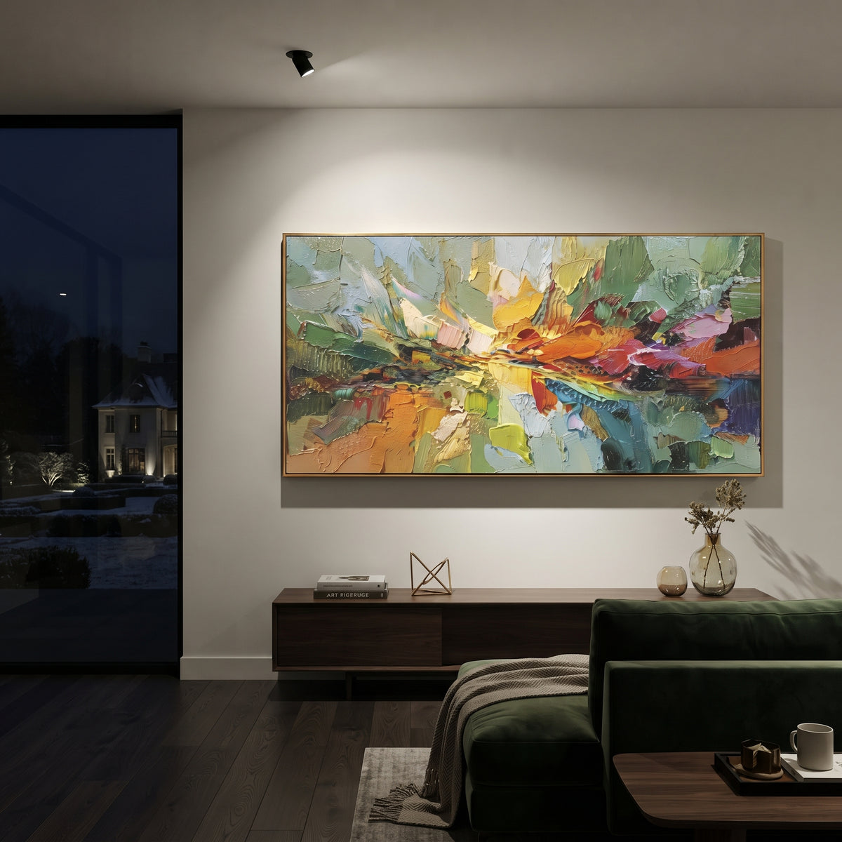 Colorful Abstract River Valley focuses on this hand-painted textured canvas features abstract river valley with bright green, orange, red, and blue palette-knife fields. The composition is described from the actual main image, so the visible subject, color balance, spacing, and surface movement stay specific to this product instead of reading like a batch title. Raised palette-knife layers, sculpted impasto ridges, softened brush transitions, and tactile handmade texture give the canvas