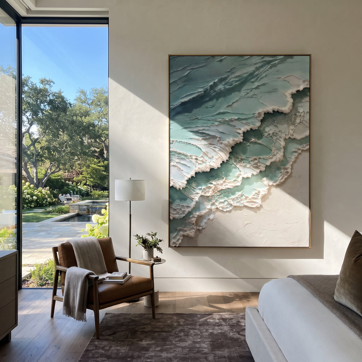 Turquoise Shore Break Relief focuses on this hand-painted textured canvas features turquoise shore break with raised white foam and diagonal beach edge. The composition is described from the actual main image, so the visible subject, color balance, spacing, and surface movement stay specific to this product instead of reading like a batch title. Raised palette-knife layers, sculpted impasto ridges, softened brush transitions, and tactile handmade texture give the canvas dimensional depth under