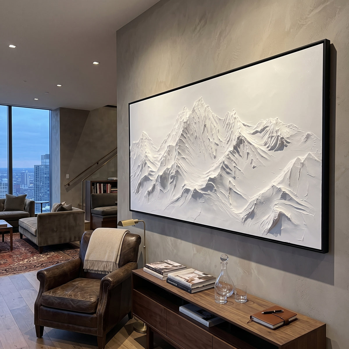 White Alpine Mountain Relief focuses on this hand-painted textured canvas features white sculpted alpine mountain range with sharp ridges and grey shadowed valleys. The composition is described from the actual main image, so the visible subject, color balance, spacing, and surface movement stay specific to this product instead of reading like a batch title. Raised palette-knife layers, sculpted impasto ridges, softened brush transitions, and tactile handmade texture give the canvas dimensional