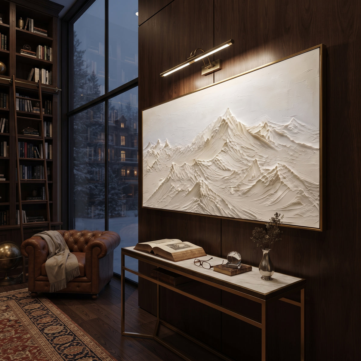 Ivory Mountain Ridge Relief focuses on this hand-painted textured canvas features ivory mountain ridges, soft beige shadows, and carved plaster snowfield texture. The composition is described from the actual main image, so the visible subject, color balance, spacing, and surface movement stay specific to this product instead of reading like a batch title. Raised palette-knife layers, sculpted impasto ridges, softened brush transitions, and tactile handmade texture give the canvas dimensional